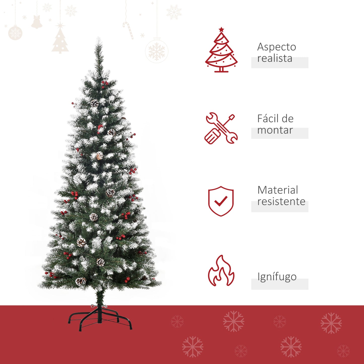 HOMCOM Árbol de Navidad Artificial Plegable 150 cm con Nieve Ignífugo con 408 Ramas 25 Bayas 21 Piñas Hojas de PVC Apertura Automática y Soporte Metálico Decoración Navideña para Interior Verde