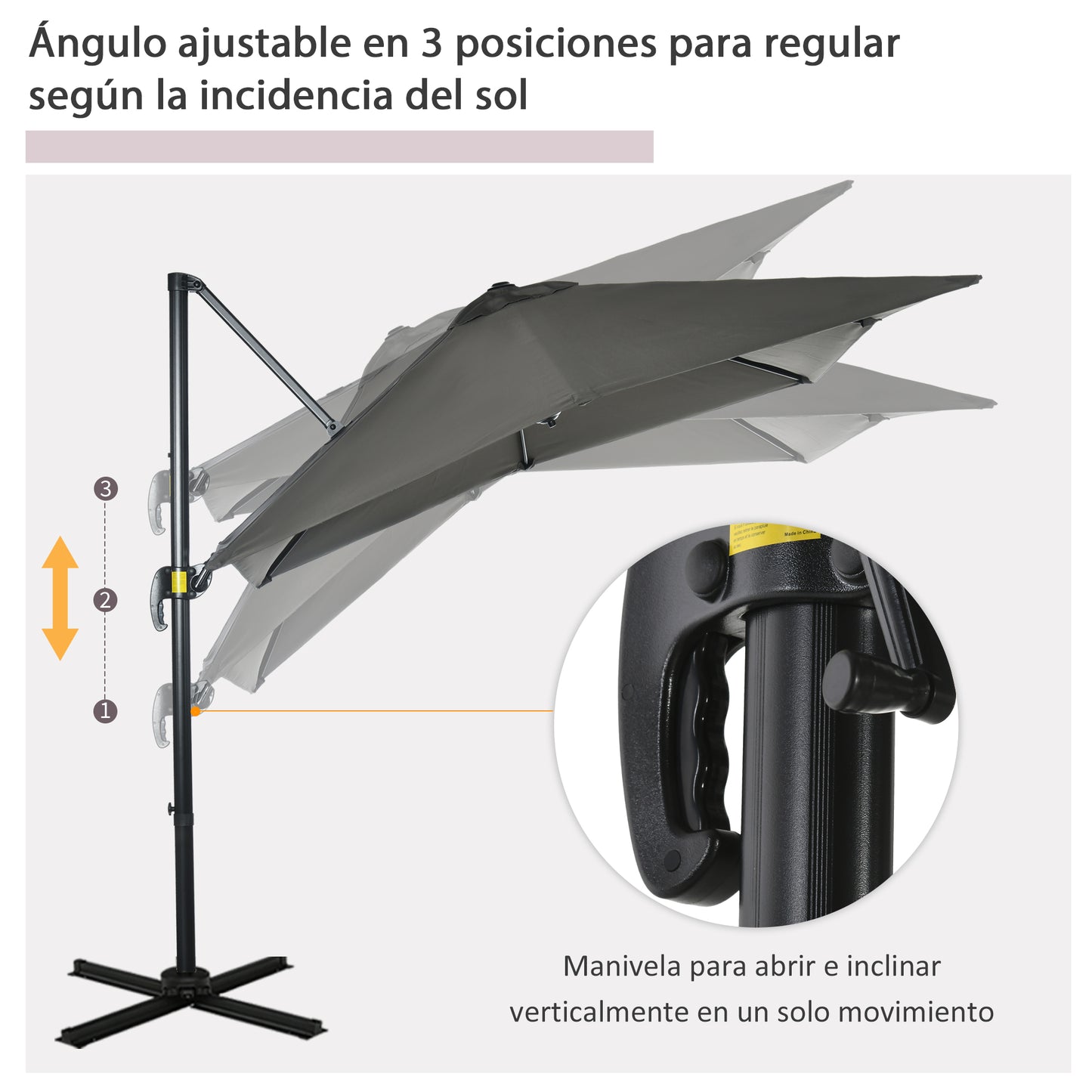 Outsunny Sombrilla de Jardín de Aluminio 245x245x245 cm Parasol Excéntrico con Manivela Giratorio 360° Inclinación de 5 Niveles Tela Desmontable Gris