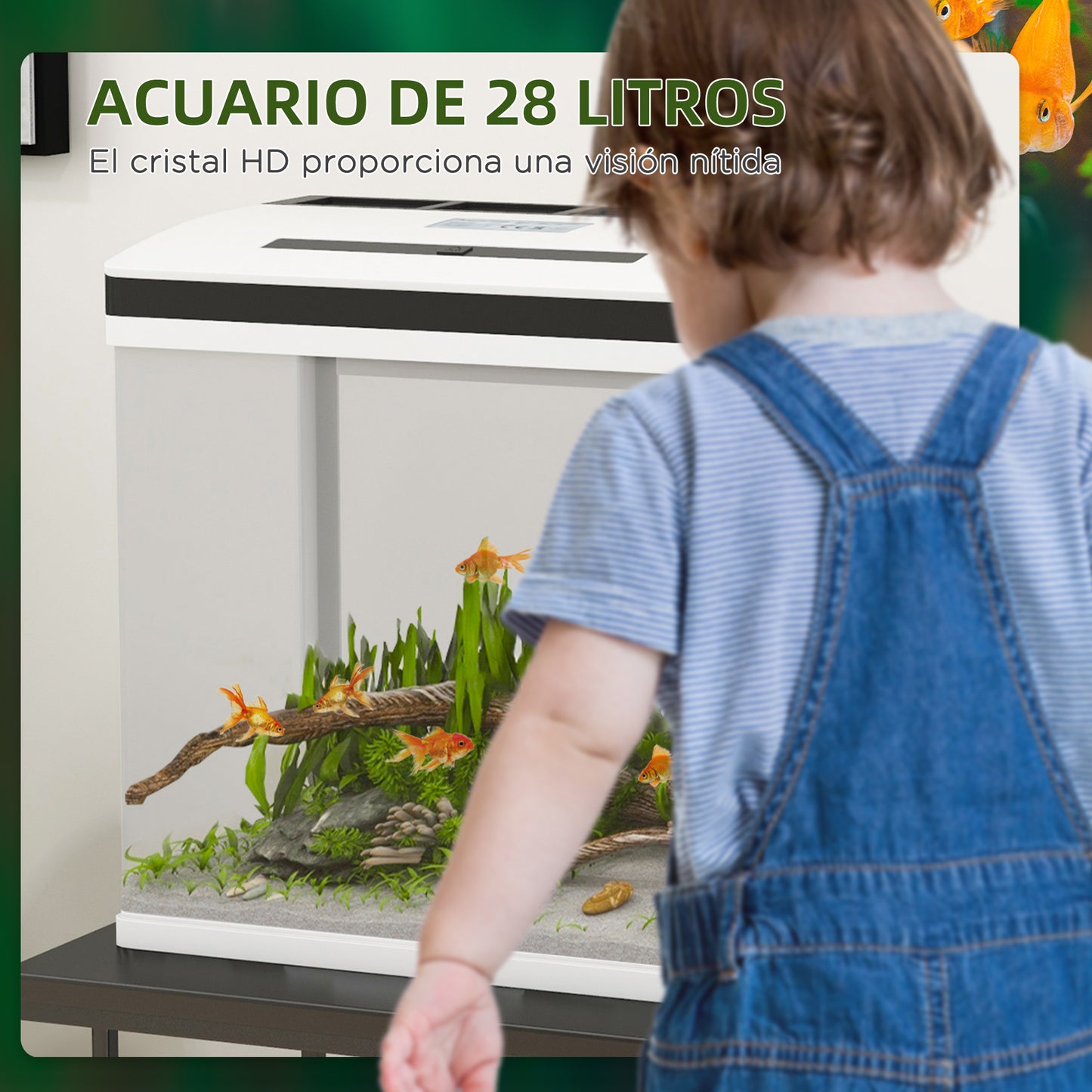 PawHut Acuario de Cristal de 28L Pecera Pequeña con Sistema de Filtro Iluminación LED Bomba de Agua 38x26x39,5 cm Blanco