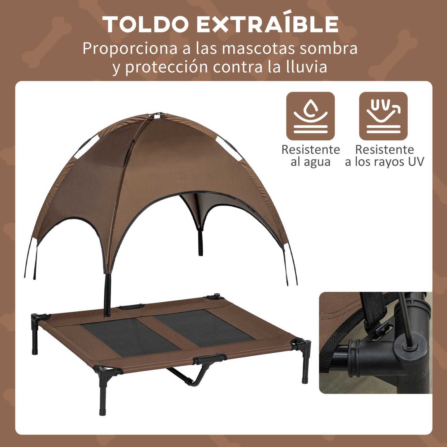 PawHut Cama Elevada para Mascotas Portátil con Toldo Extraíble Tela Transpirable al Aire Libre para Interior y Exterior 92x76x90 cm Café