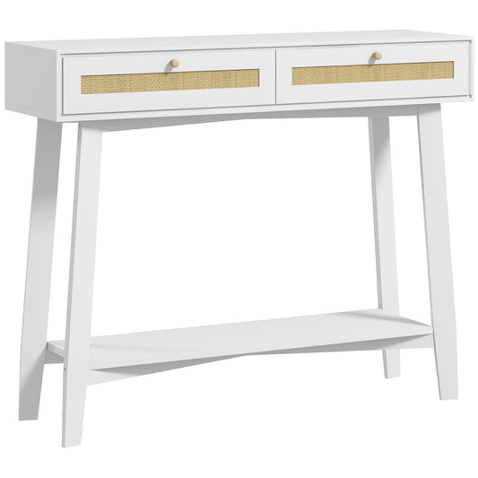 HOMCOM Mesa Consola Recibidor Mesa de Entrada con 2 Cajones de Diseño de Ratán y Estante Abierto para Salón Pasillo 100x30x81 cm Blanco