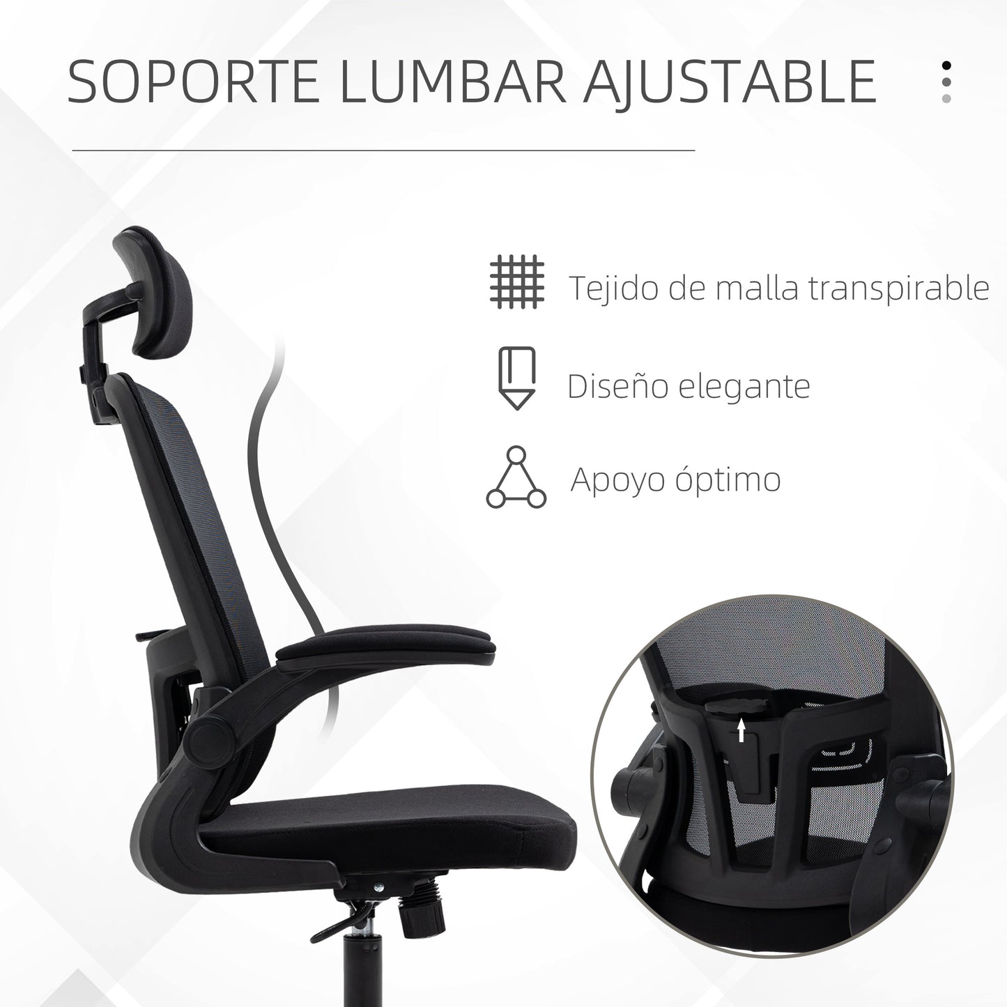 Vinsetto Silla de Oficina de Malla Silla Escritorio Giratoria con Altura Ajustable Reposabrazos Plegable Reposacabezas y Soporte Lumbar Regulables 65x64x114-122 cm Negro