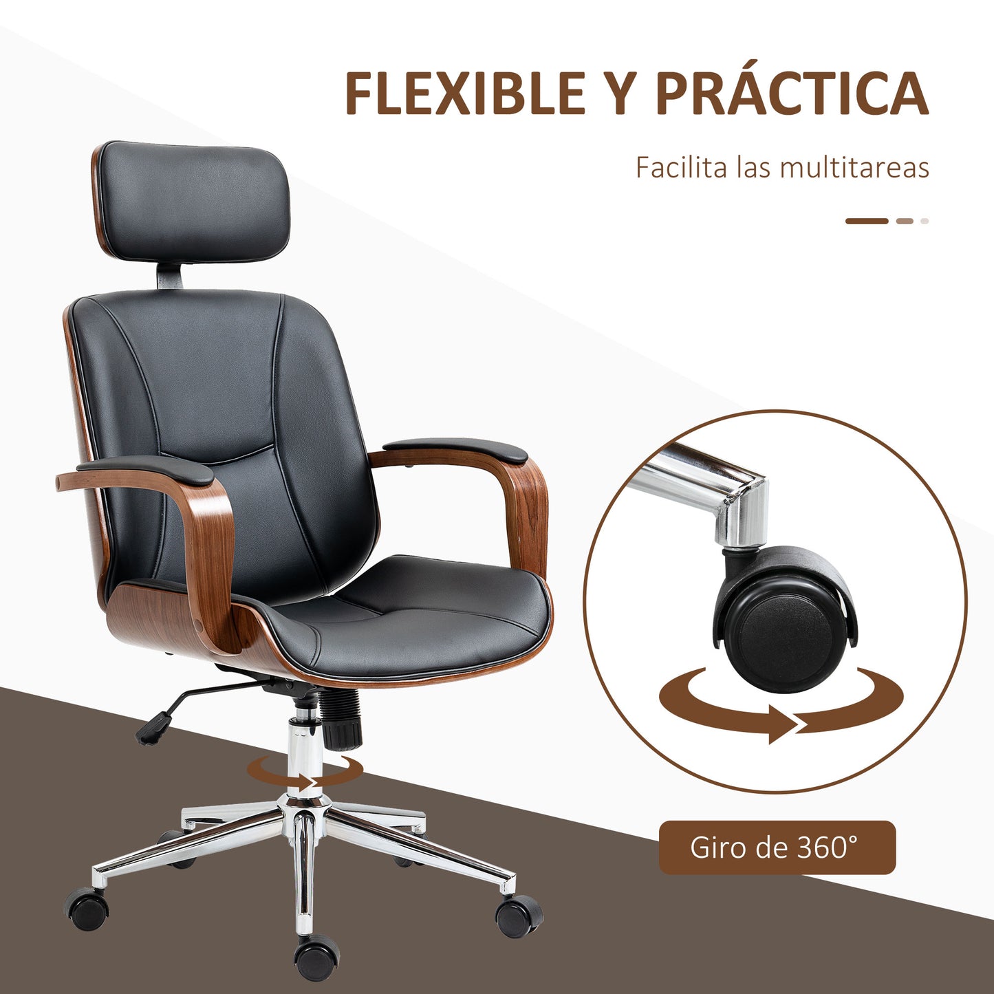 Vinsetto Silla de Oficina Ergonómica Silla de Escritorio Giratoria de Cuero PU con Reposacabezas Extraíble Altura Ajustable y Función de Inclinación 63x62x110-120 cm Negro