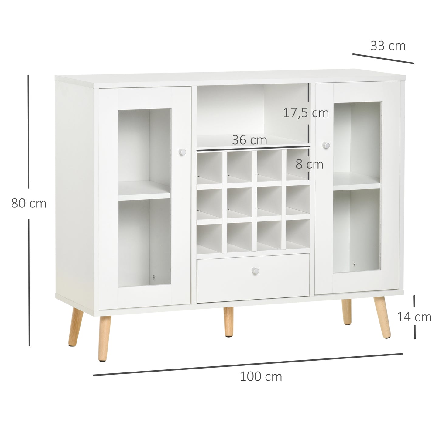 HOMCOM Aparador de Cocina Buffet para Salón Alacena de Almacenaje con Botellero Cajón Estante Abierto y 2 Armarios con Puertas de Cristal Moderno para Comedor 100x33x80 cm Blanco