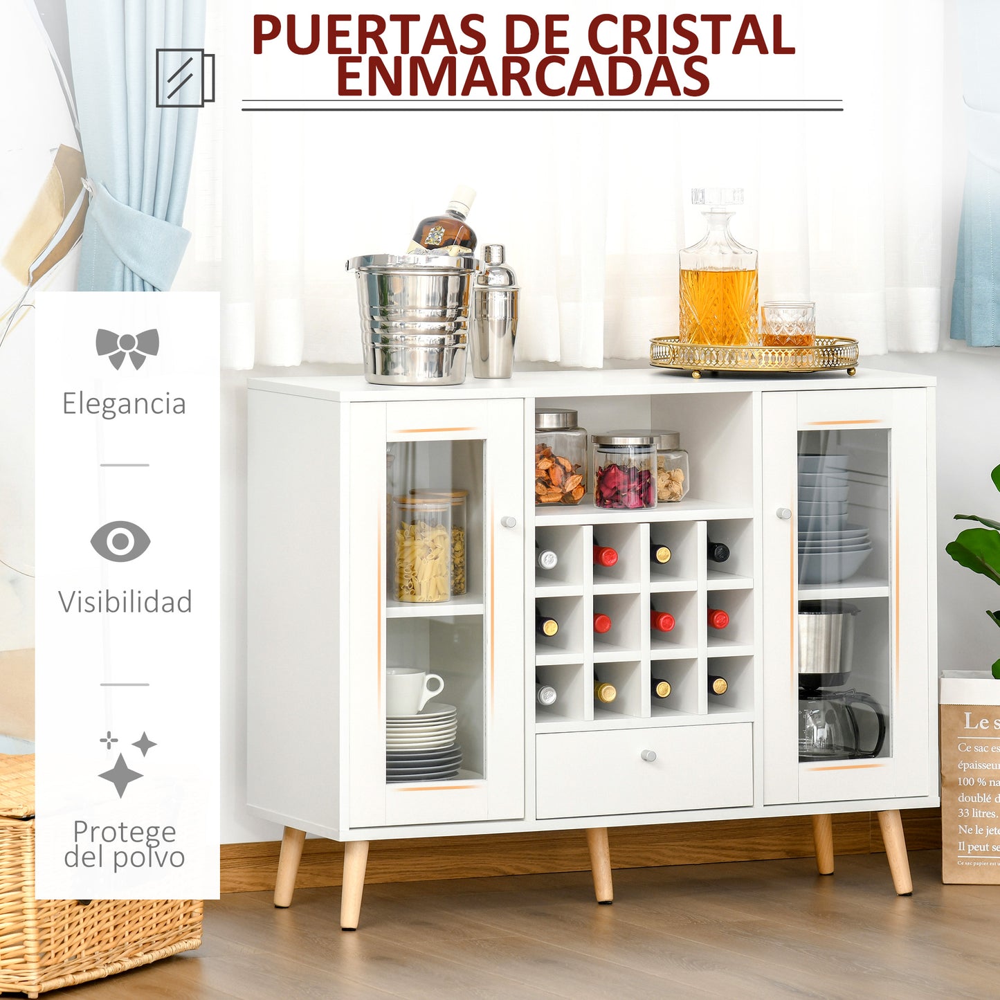 HOMCOM Aparador de Cocina Buffet para Salón Alacena de Almacenaje con Botellero Cajón Estante Abierto y 2 Armarios con Puertas de Cristal Moderno para Comedor 100x33x80 cm Blanco