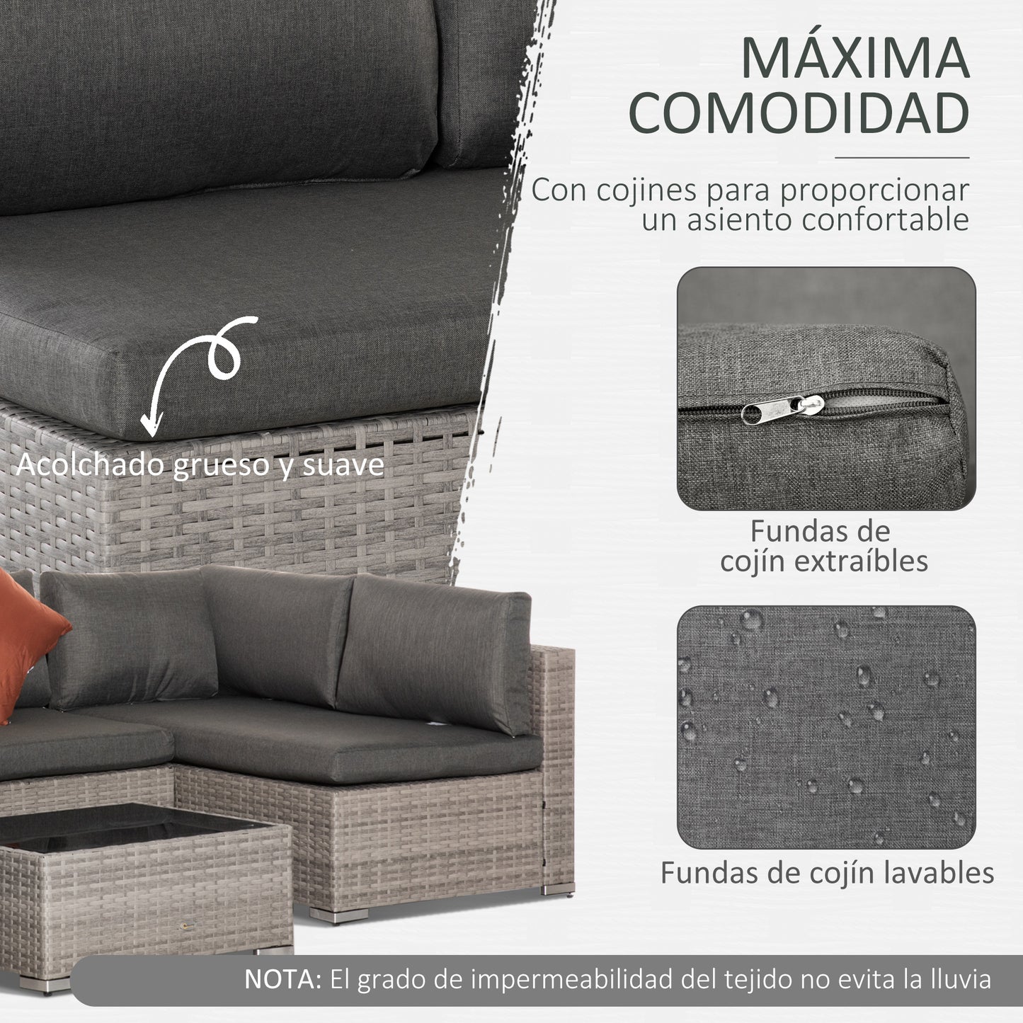 Outsunny Conjunto de Muebles de Jardín de Ratán 4 Piezas Mesa de Centro de Vidrio Sofá Doble y 2 Sofás Esquineros con Cojines Desenfundables para Terraza Exterior Gris