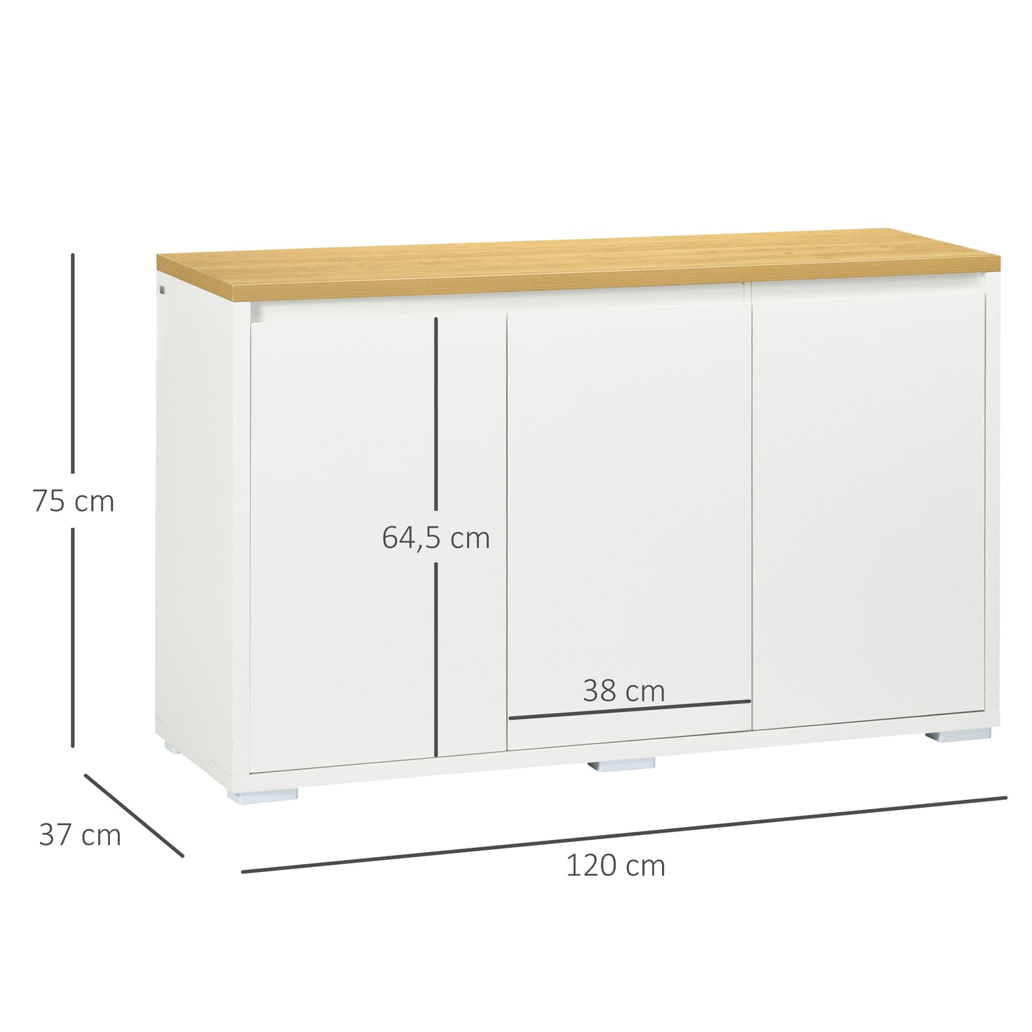 HOMCOM Aparador de Salón Armario de Almacenamiento Mueble Auxiliar de Cocina con 3 Puertas y Estantes Ajustables para Comedor Entrada 120x37x75 cm Blanco