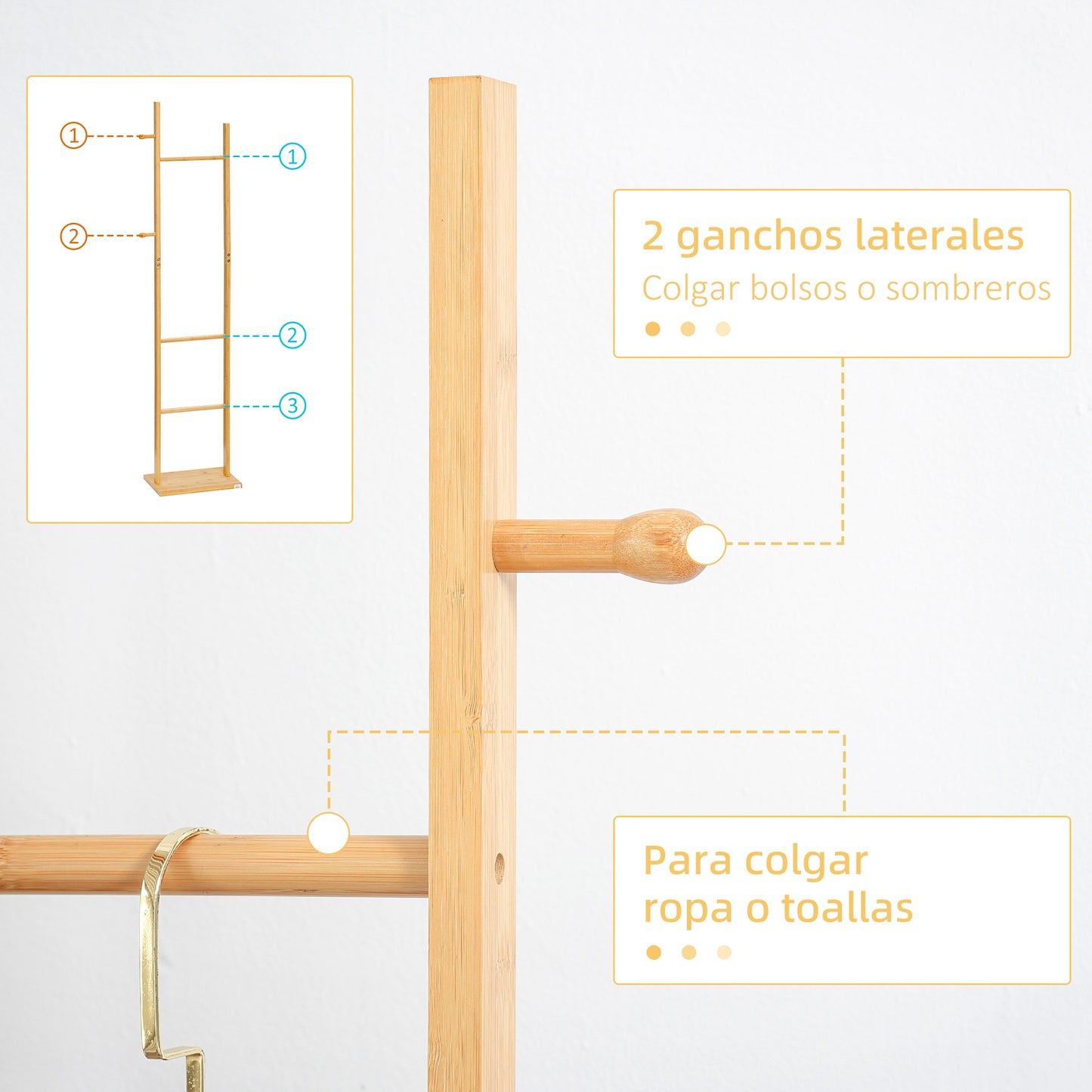 HOMCOM Perchero de Pie de Bambú Perchero para Abrigos con 2 Ganchos y 3 Barras Colgantes para Entrada Pasillo Dormitorio Estilo Moderno 36x24x168 cm Natural