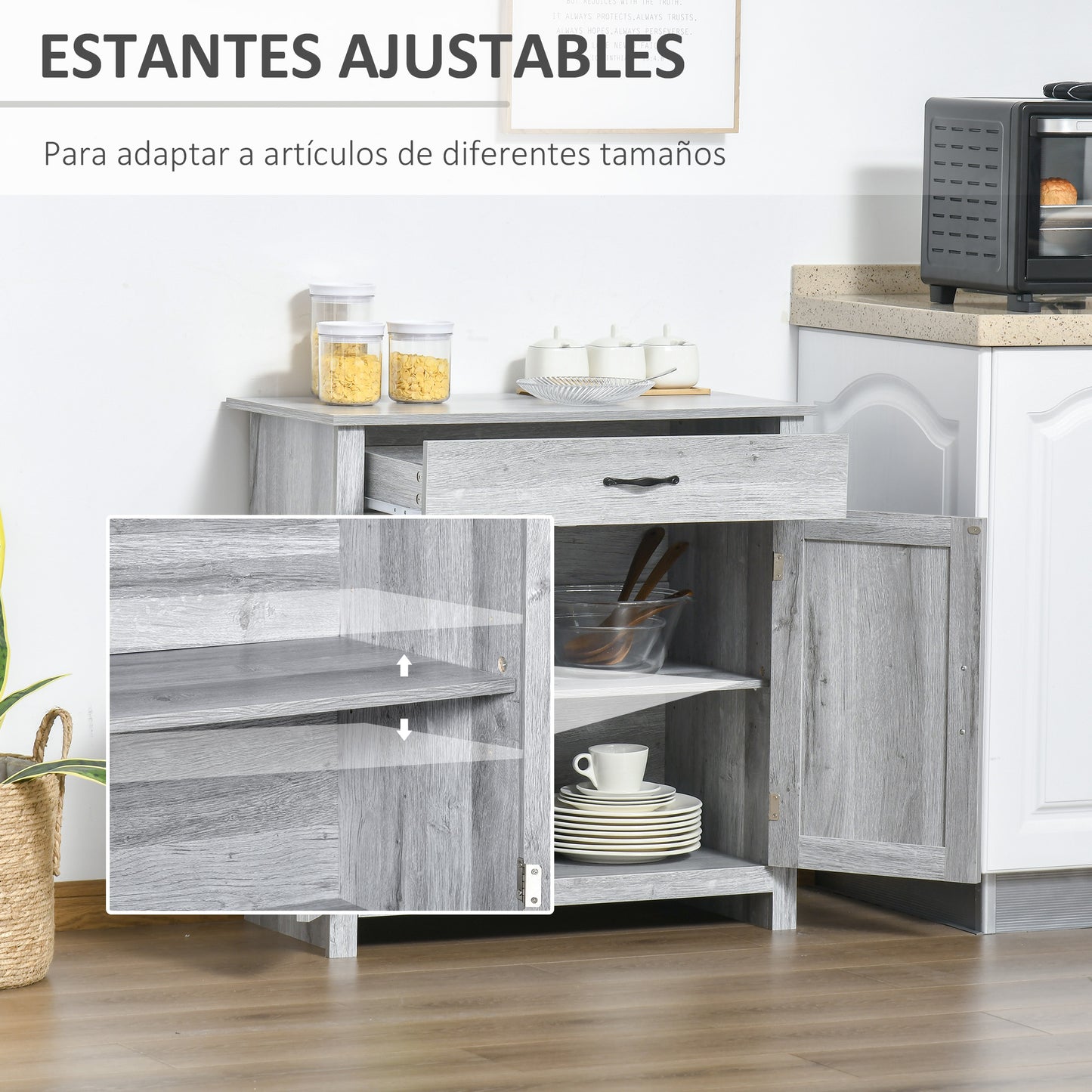 HOMCOM Aparador de Cocina Buffet para Salón con 1 Cajón 2 Puertas y Estante Interior Ajustable Mueble Auxiliar Decorativo para Comedor 80x39,7x80 cm Gris