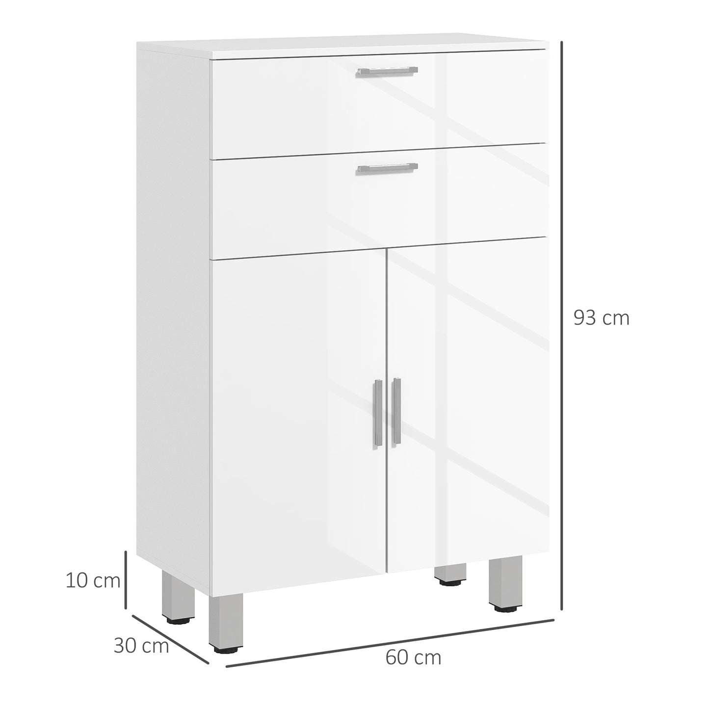 kleankin Mueble Auxiliar Baño Moderno Armario de Baño con 2 Cajones Armario y Estantes Ajustables Mueble de Almacenaje para Salón Dormitorio Antivuelco Carga 35 kg 60x30x93 cm Blanco Brillante