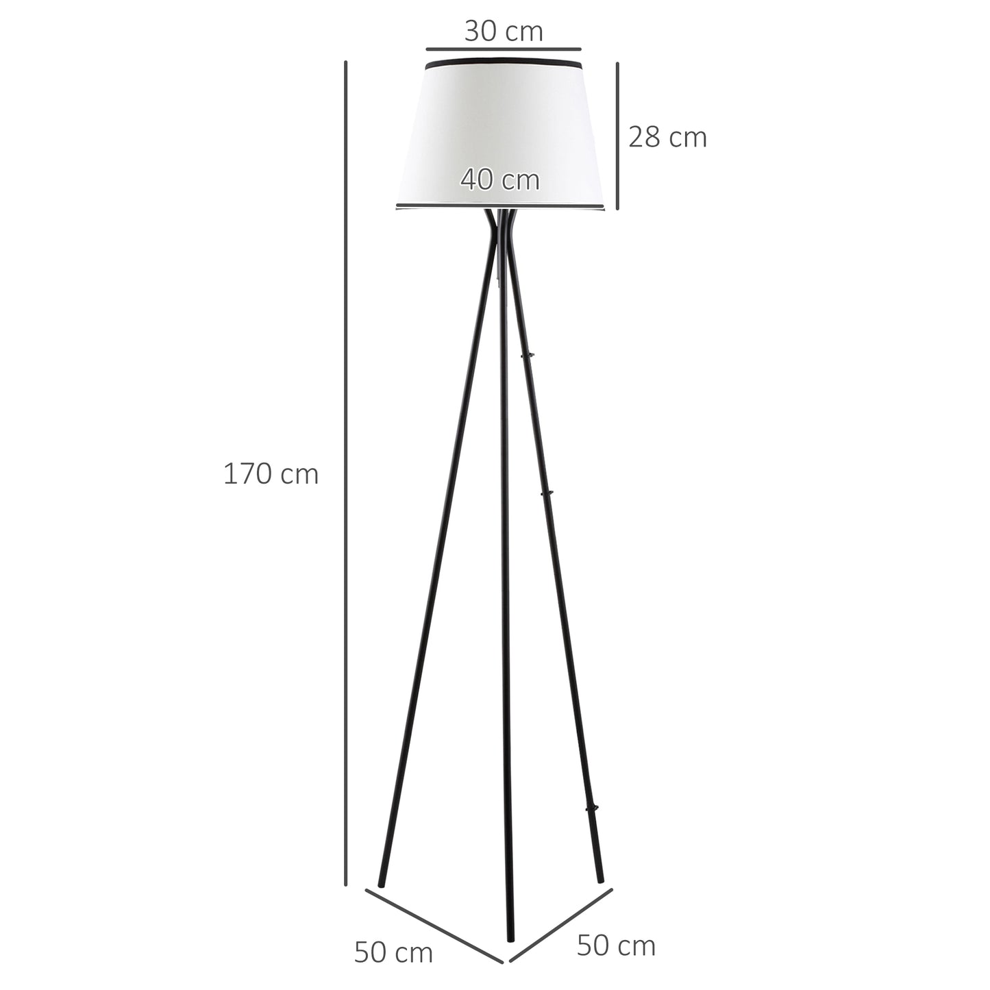 HOMCOM Lámpara de Pie con Trípode de Metal Pantalla de Tela E27 Máx. 40W e Interruptor de Pie Diseño Moderno para Salón Estudio Dormitorio 50x50x170 cm Blanco y Negro