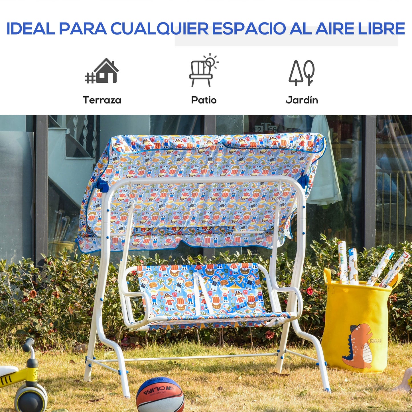 Outsunny Columpio Balancín de Jardín Infantil 2 Plazas para Niños de +3 Años con Toldo Ajustable en Ángulo para Terraza Balcón Carga Máx. 60 kg 110x70x110 cm Azul