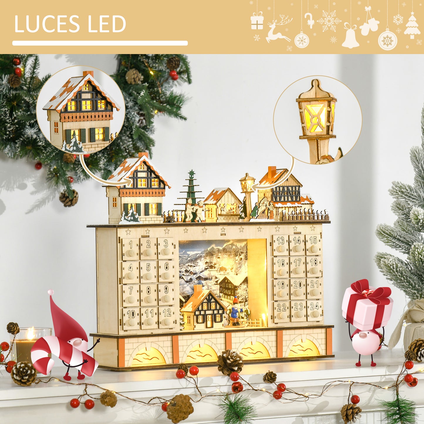 HOMCOM Calendario de Adviento para Llenar Calendario de Adviento de Madera con Luces y 24 Cajones de Cuenta Regresiva Juguetes para Niños y Adultos 44x10x37 cm Natural