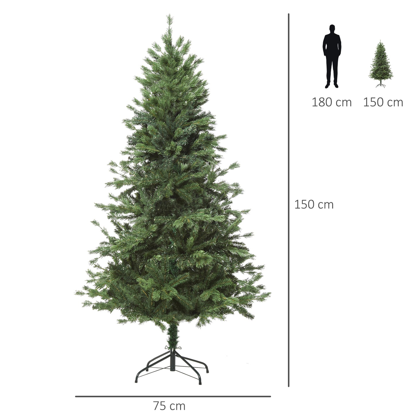 HOMCOM Árbol de Navidad Ø75x150 cm Artificial con 440 Ramas PE Tridente y PVC Individual y Base Plegable Árbol Navideño Decorativo Exteriores Interiores Verde