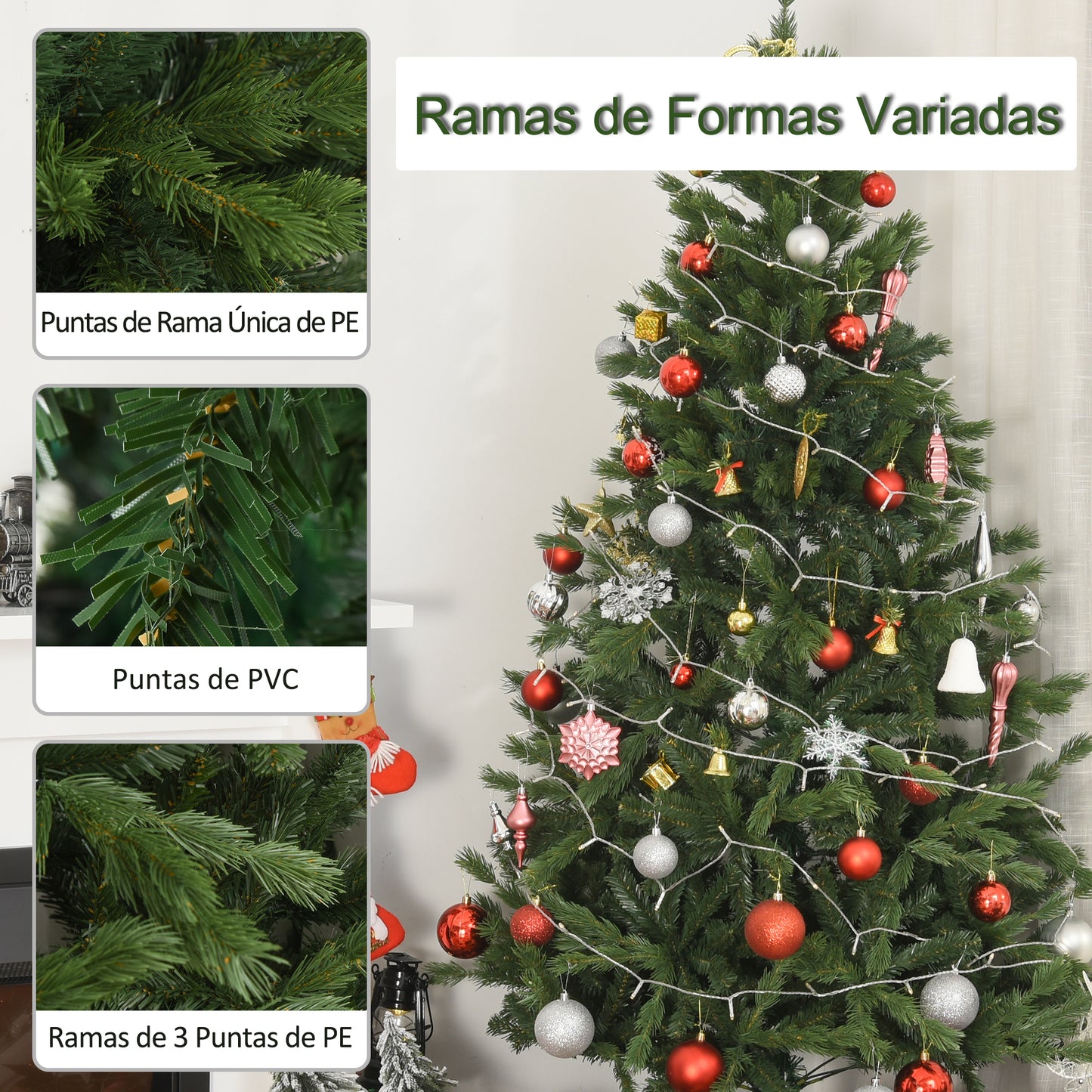 HOMCOM Árbol de Navidad Ø75x150 cm Artificial con 440 Ramas PE Tridente y PVC Individual y Base Plegable Árbol Navideño Decorativo Exteriores Interiores Verde