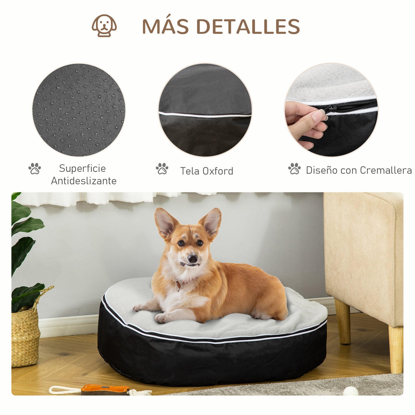 PawHut Cama para Perros y Gatos Lavable Colchón para Perros Medianos con Funda Desenfundable de Tela Oxford y Felpa Suave 80x72x18 cm Gris y Negro