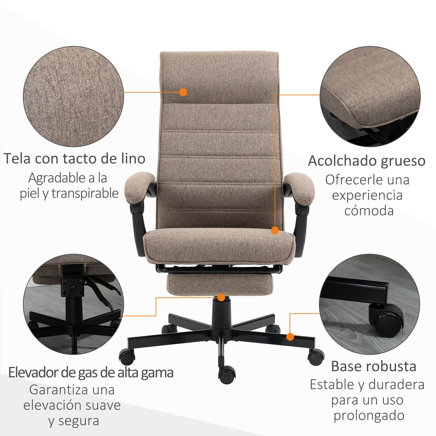 Vinsetto Silla de Escritorio Reclinable Silla de Oficina Giratoria con Altura Ajustable Reposapiés Retráctil y Reposabrazos Silla para Estudio Carga 120 kg Marrón