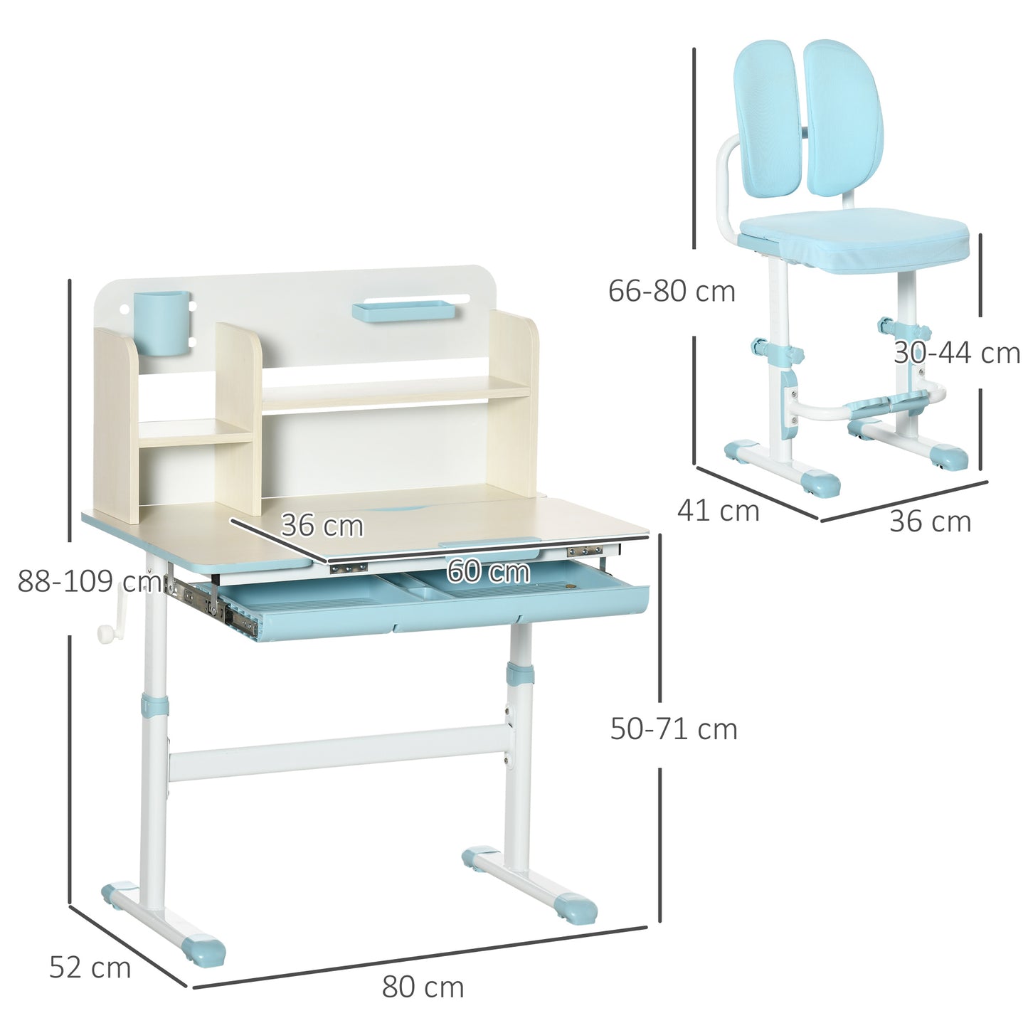 HOMCOM Juego de Escritorio y Silla para Niños de +3 Años Pupitre Infantil Altura Ajustable con 1 Cajón 1 Estante para Libros y Tablero de Mesa Inclinable 80x52x88-109 cm Azul y Blanco