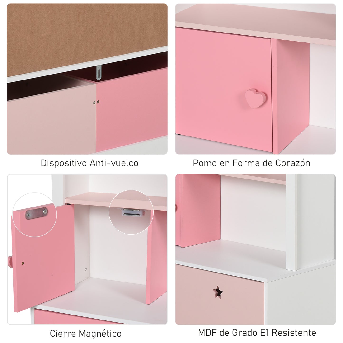 HOMCOM Estantería de Madera Infantil Librería para Niños con 4 Compartimentos 1 Puerta y 2 Cajones Extraíbles con Ruedas para Libros Juguetes 80x34x130 cm Rosa y Blanco