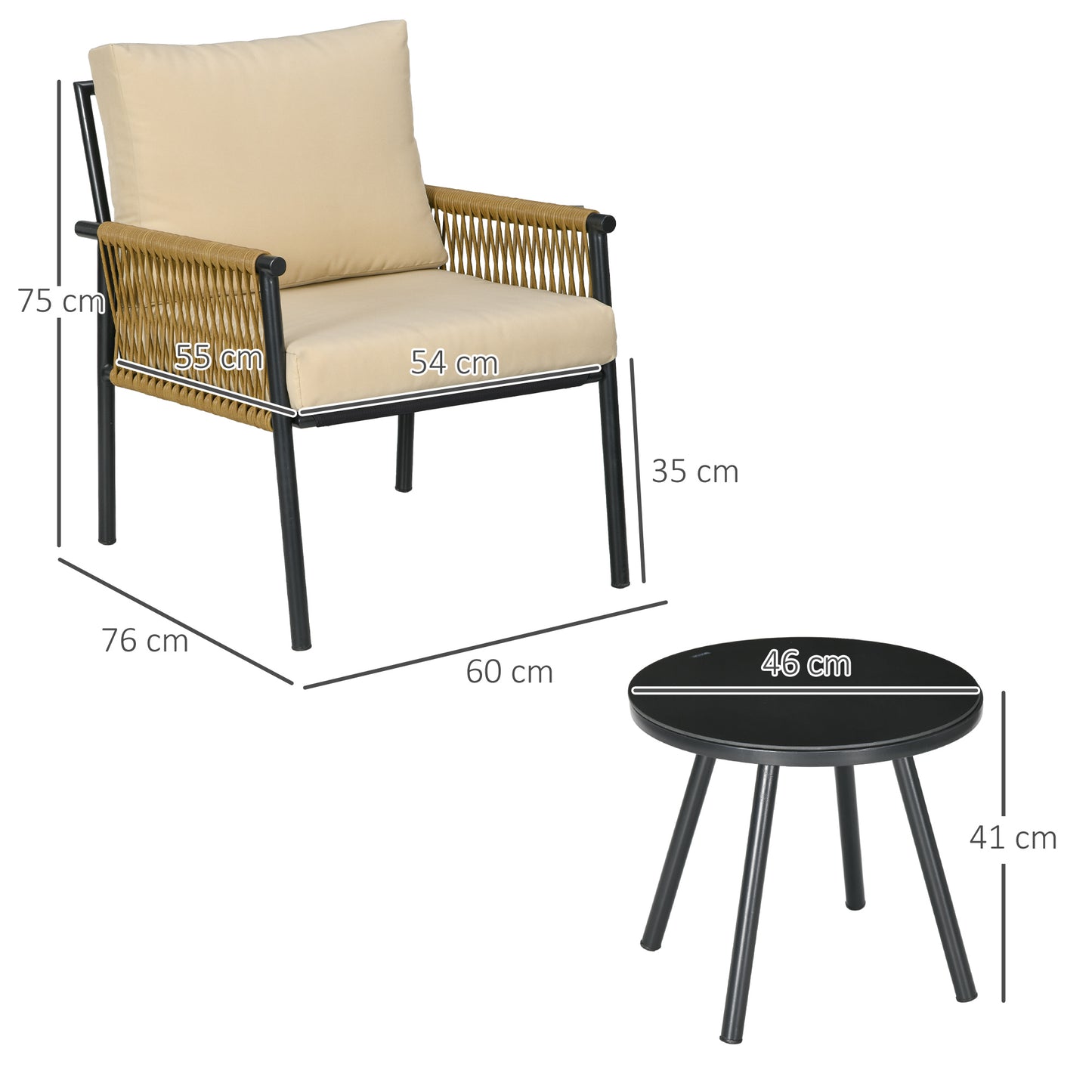 Outsunny Conjunto de Muebles de Jardín Juego de 3 Piezas Sillas y Mesa de Ratán con 2 Sillas y 1 Mesa de Centro de Vidrio Templado para Terraza Césped Balcón Negro y Beige