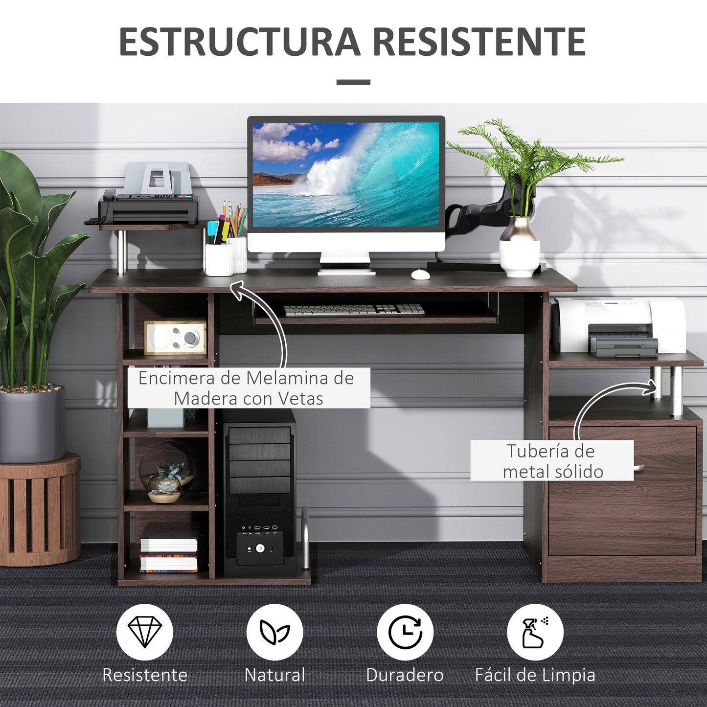 HOMCOM Mesa de Ordenador 120 cm Mesa de Escritorio con Múltiples Estantes Cajón Bandeja de Teclado Soportes para Monitor Impresora y CPU 152x60x88 cm Marrón