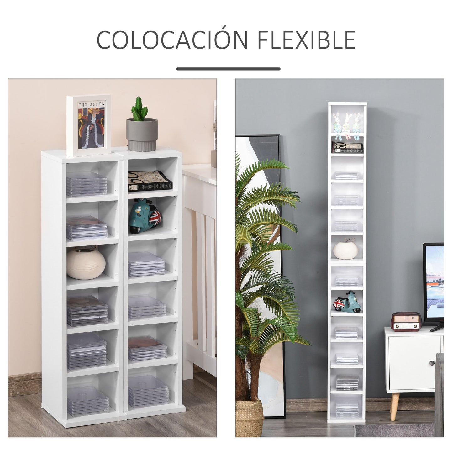 HOMCOM Estanterías para CD o DVD Soportes para CD con 12 Compartimientos para 204 CDs y Estante Ajustable para Salón Dormitorio Oficina 21x22,5x88,5 cm Blanco