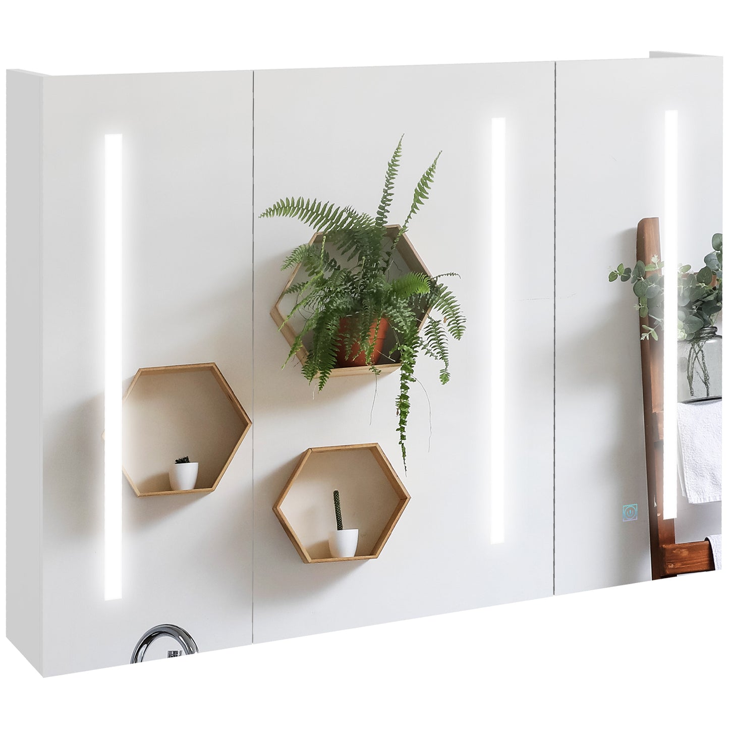 kleankin Armario con Espejo de Baño con Luz LED Mueble de Pared Colgante con 3 Puertas Estantes Ajustables Interruptor Táctil y USB 90x15x70 cm Blanco Brillante