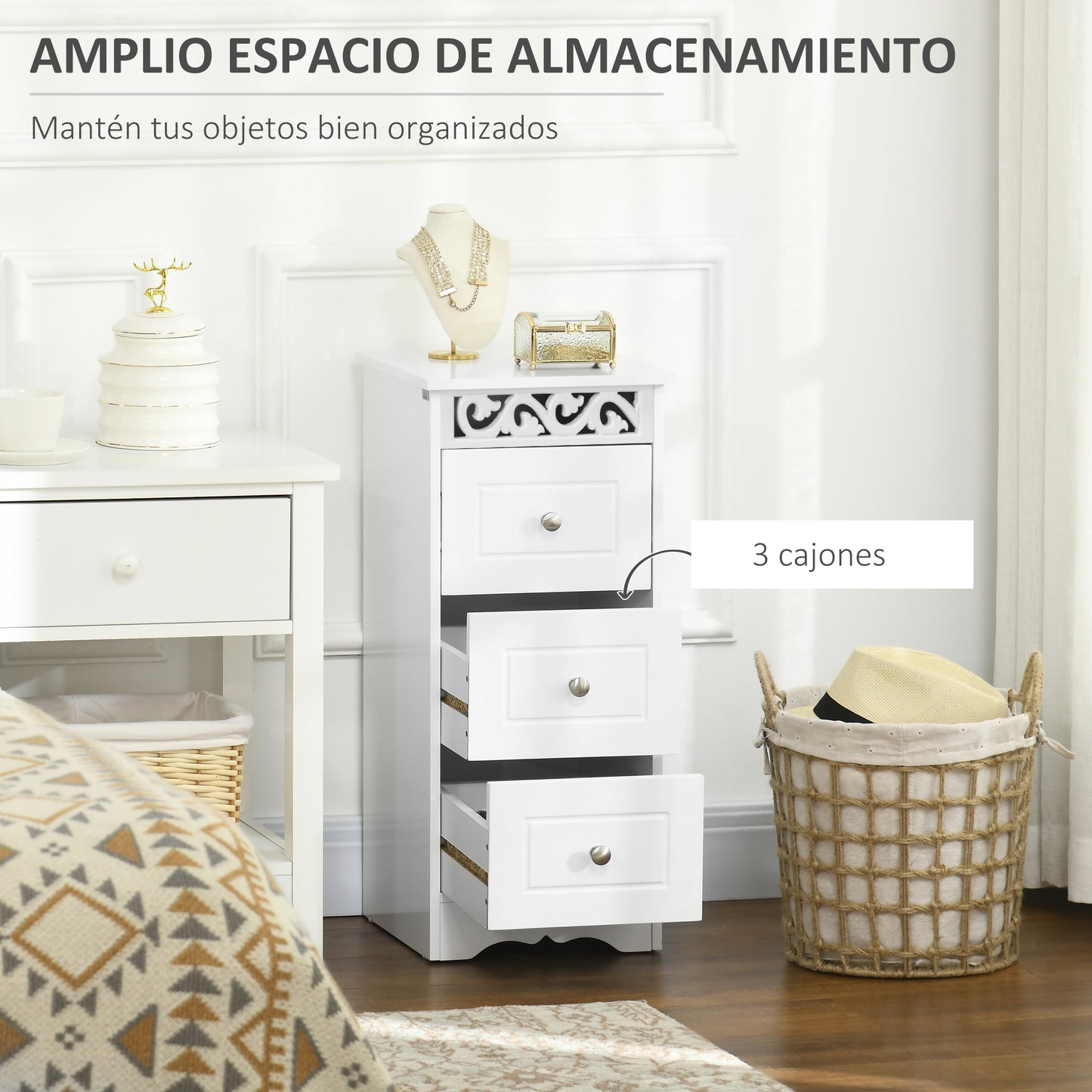 HOMCOM Armario de Almacenamiento Cajonera Blanca Cómoda con 3 Cajones para Cocina Comedor Salón Dormitorio Baño 29,8x29,8x68,5 cm