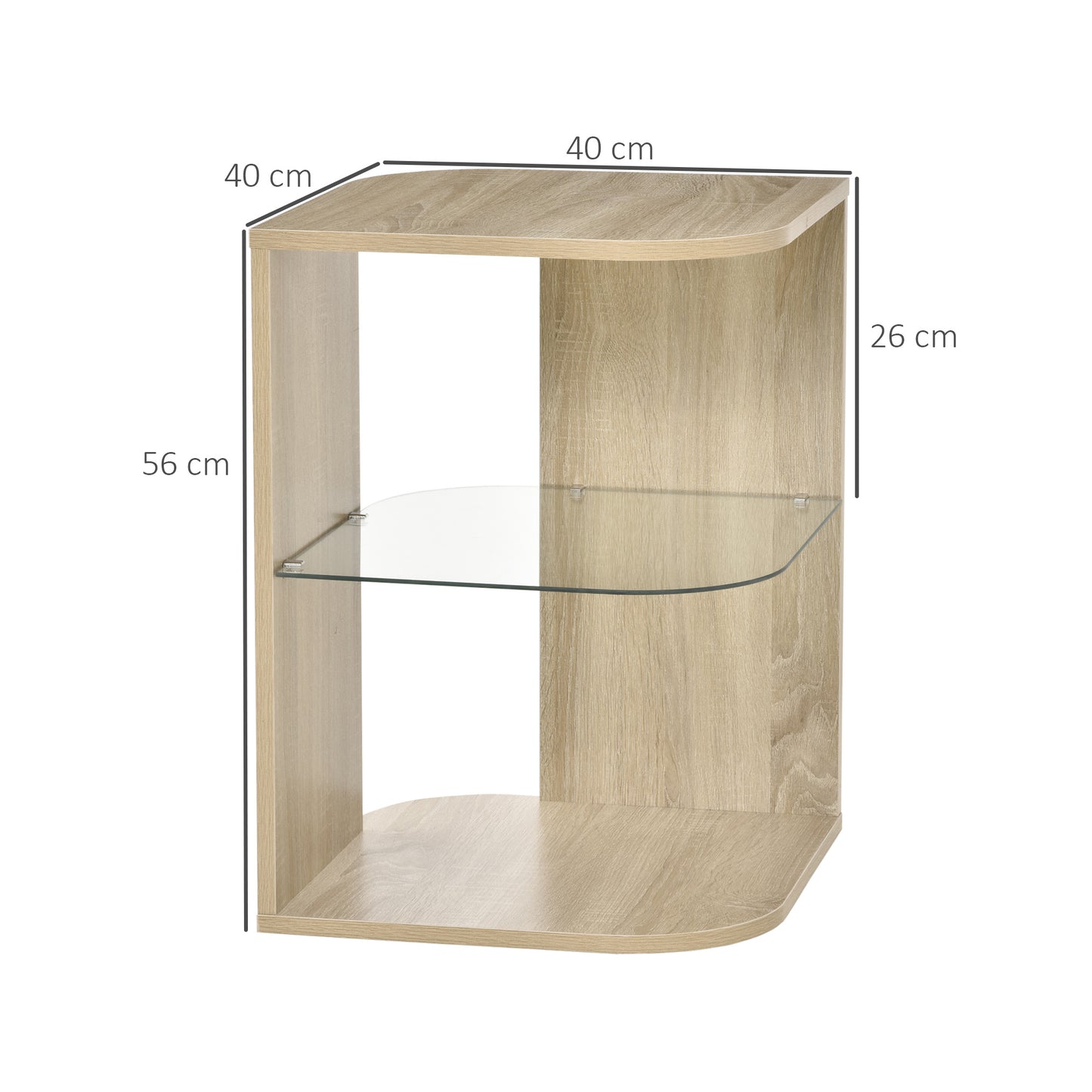 HOMCOM Mesita Auxiliar de Salón Moderna Mesilla de Noche con 3 Estantes Tablero de Cristal Mesita de Café para Sala de Estar Dormitorio 40x40x56 cm Madera Natural