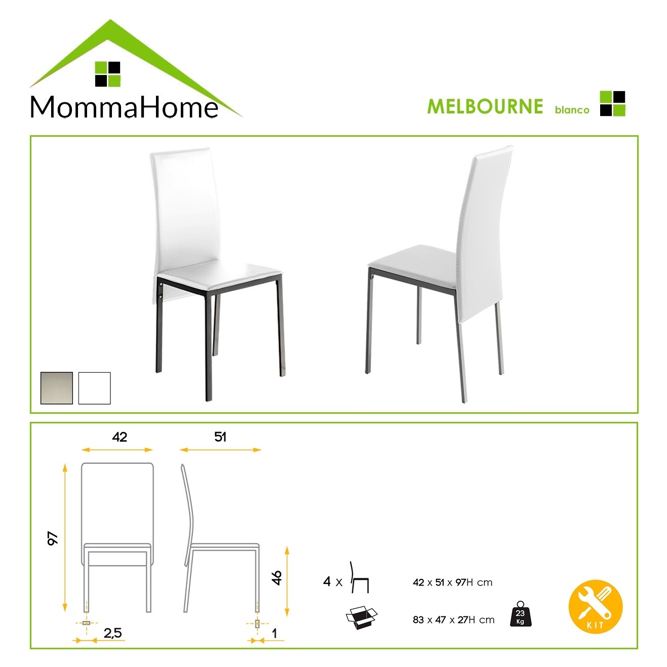 MOMMA HOME Set de 4 Sillas de Comedor Blanco - Modelo Melbourne - Material Ecopiel/Metal - Medidas 42 x 51 x 97 cm