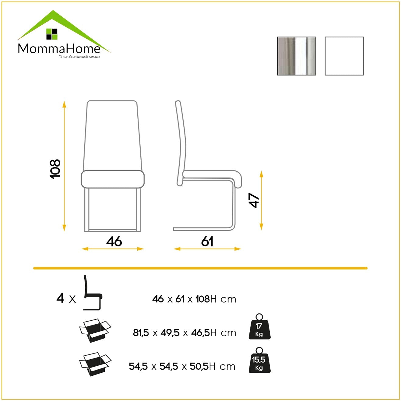 MOMMA HOME Set 2 o 4 Sillas Blanco - Modelo Laos - Material Ecopiel/Metal Cromado - Medidas 46 x 61 x 108 cm