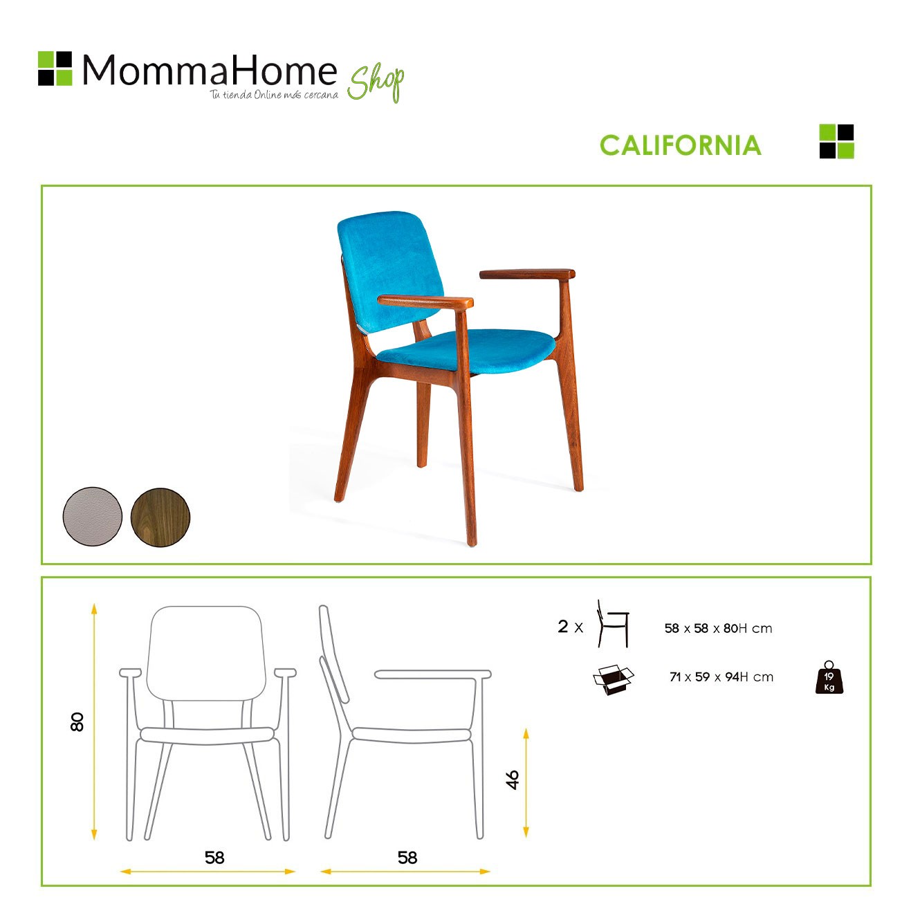 MOMMA HOME Pack 2 sillas California ecopiel azul/Madera de Nogal