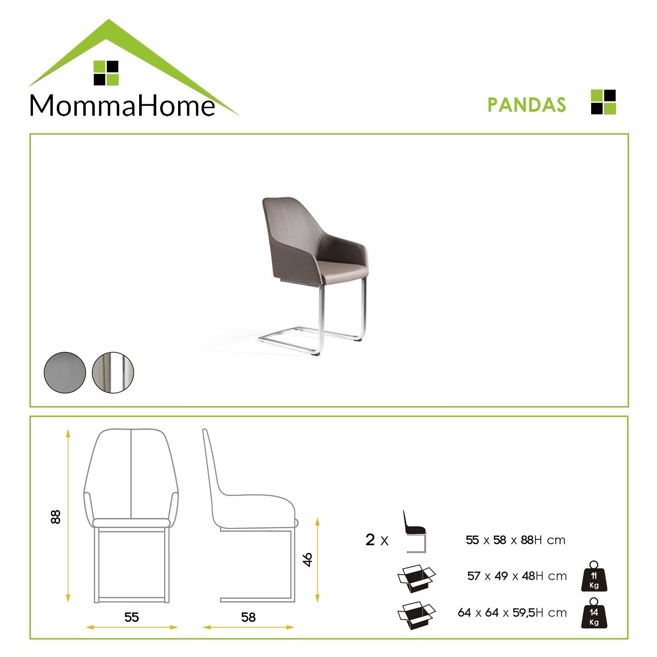 MOMMA HOME Set de 2 Sillas - Modelo Panda - Color Gris Topo/Plata - Material Ecopiel/Metal Cromado - Medidas 55 x 58 x 88 cm