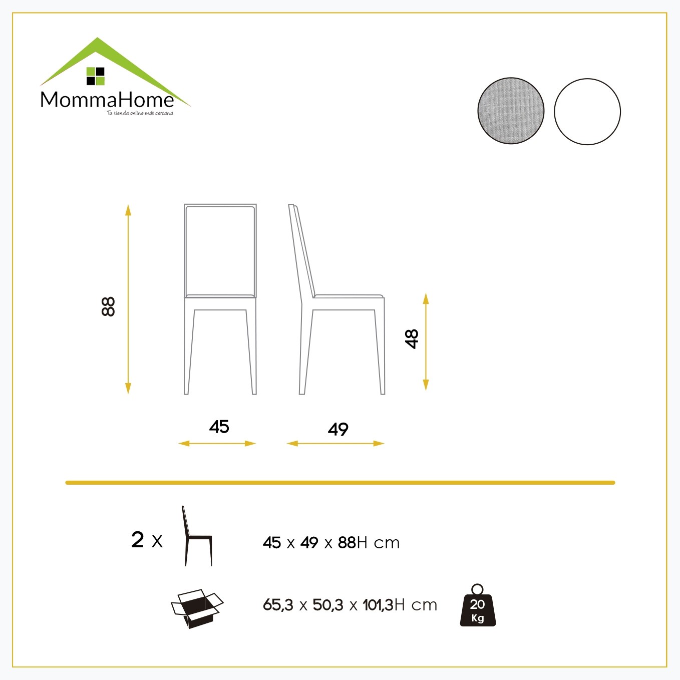 MOMMA HOME Set de 2 Sillas de Comedor - Modelo AIRIO - Color Blanco/Gris - Material Tela/Madera - Medidas 45x49x88 cm