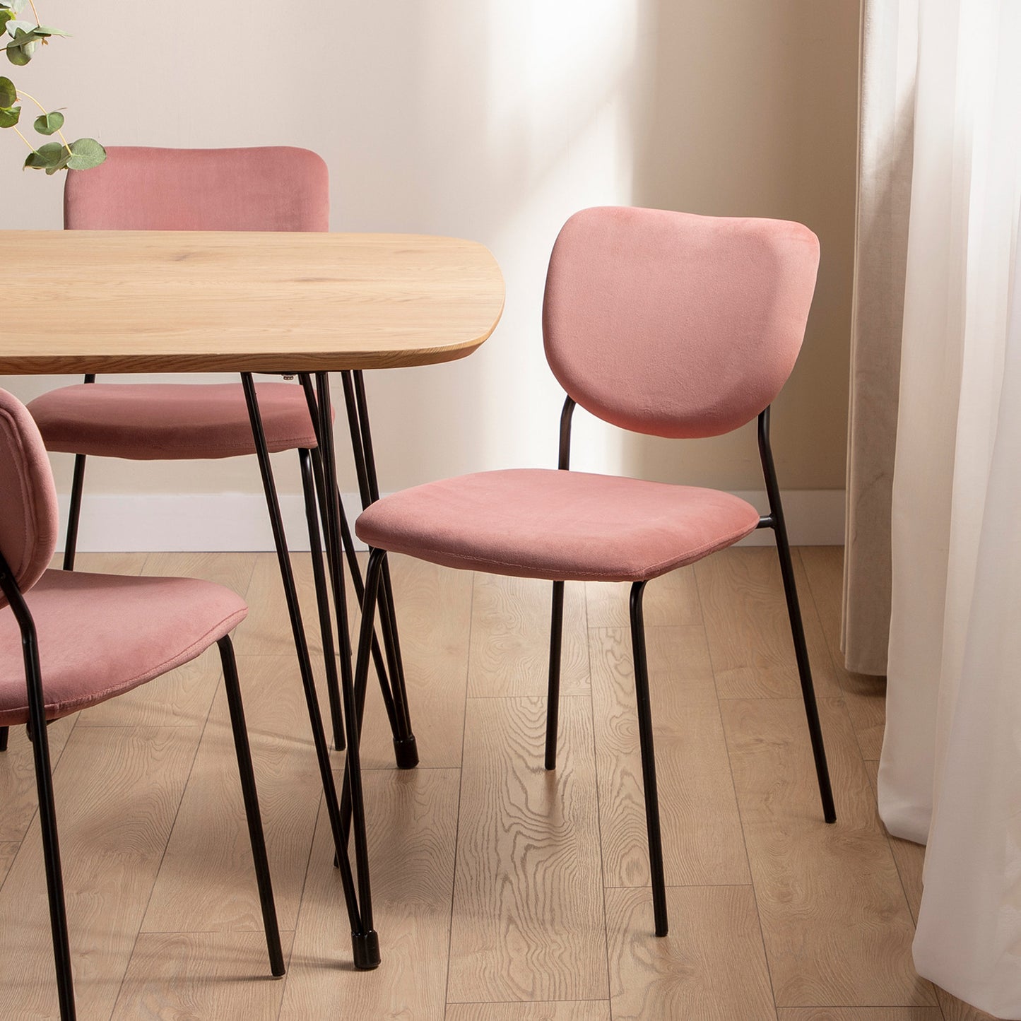 Silla de comedor tapizada terciopelo rosa con pata negra Taylor -  Klast