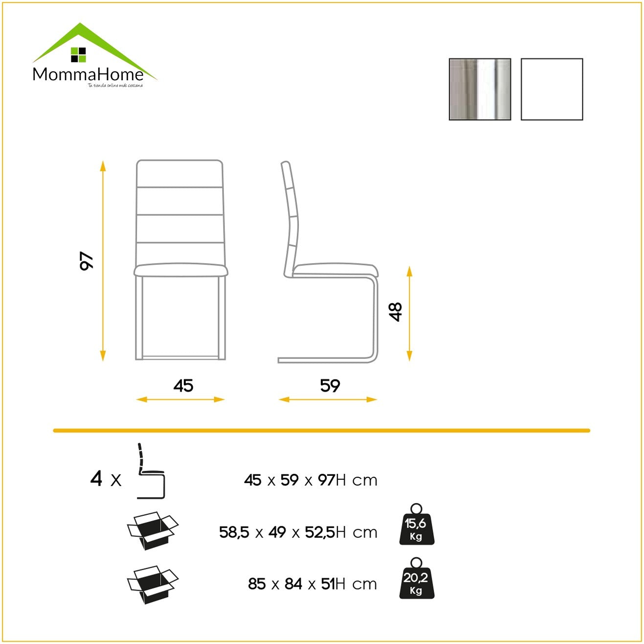 MOMMA HOME Pack 4 sillas comedor Polipiel color Marrón, Modelo Milo, Medidas 45 x 59 x 97H cm