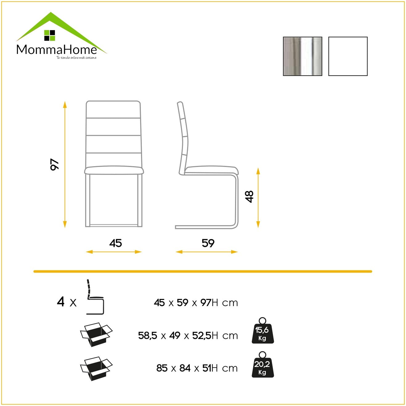 MOMMA HOME Pack 4 sillas comedor Polipiel color Capuchino, Modelo Milo, Medidas 45 x 59 x 97H cm