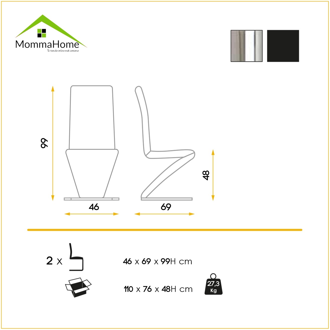 MOMMA HOME Set de 2 Sillas Gris - Modelo Silva - Material Ecopiel/Metal Cromado - Medidas 46 x 69 x 99 cm