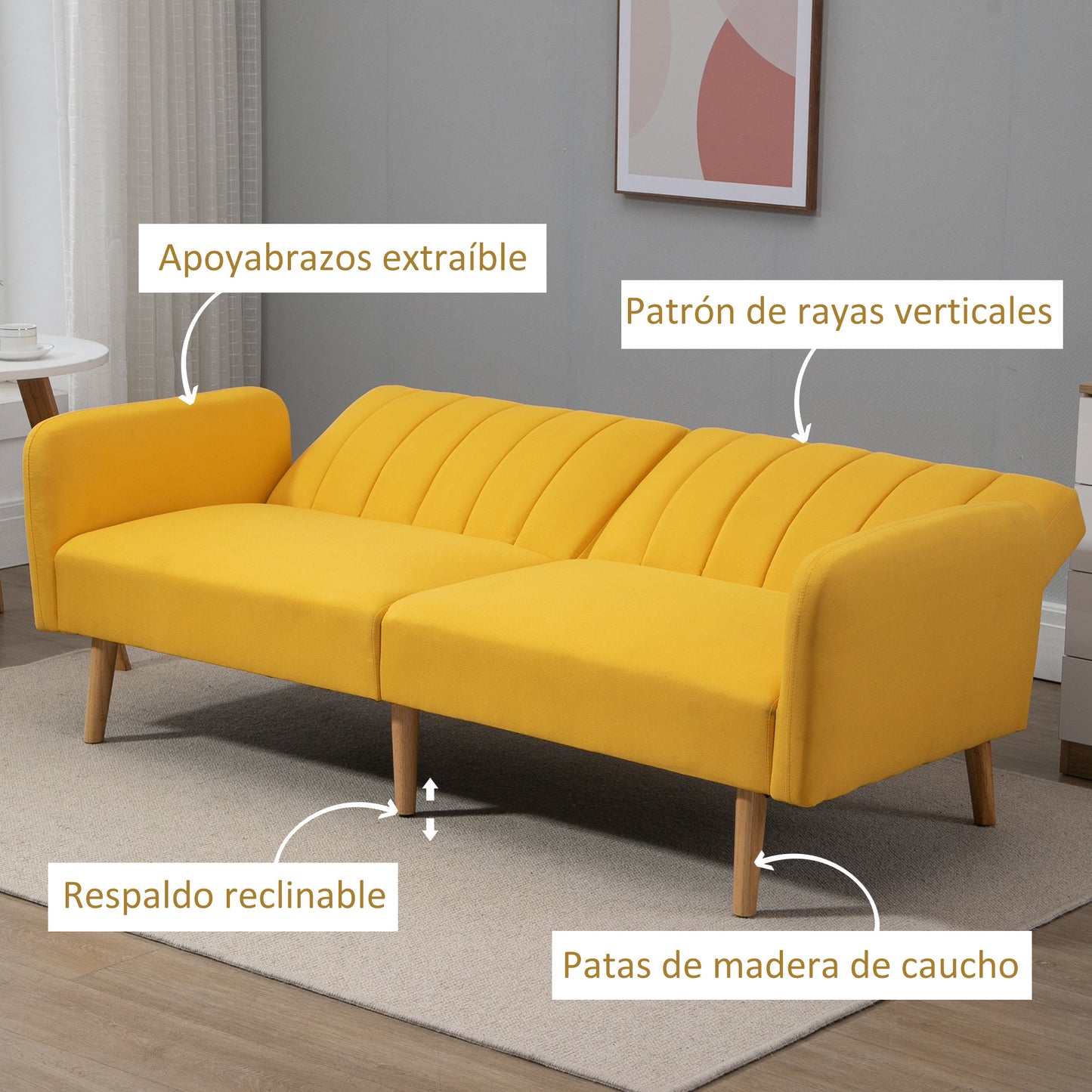 HOMCOM Sofá Cama de 2 Plazas Moderno Sofá Cama Plegable Tapizado en Lino Sintético con Respaldo Ajustable en 3 Niveles y Reposabrazos Desmontables para Salón Oficina 173x75x73 cm Amarillo