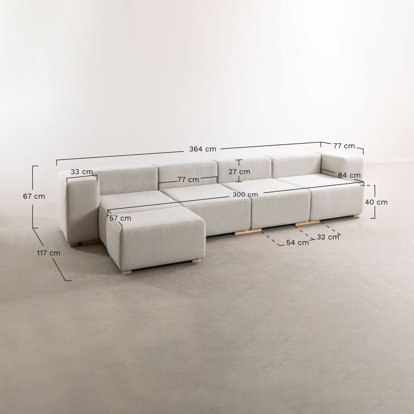 Sofá Modular Chaise Longue de 5 Piezas con 2 Reposabrazos Robert Beige Crema -  SKLUM