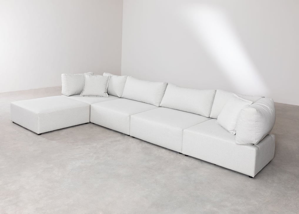 Sofá Modular de 4 Piezas con 2 Sillones Esquineros y Puff Kata Beige Crema -  SKLUM