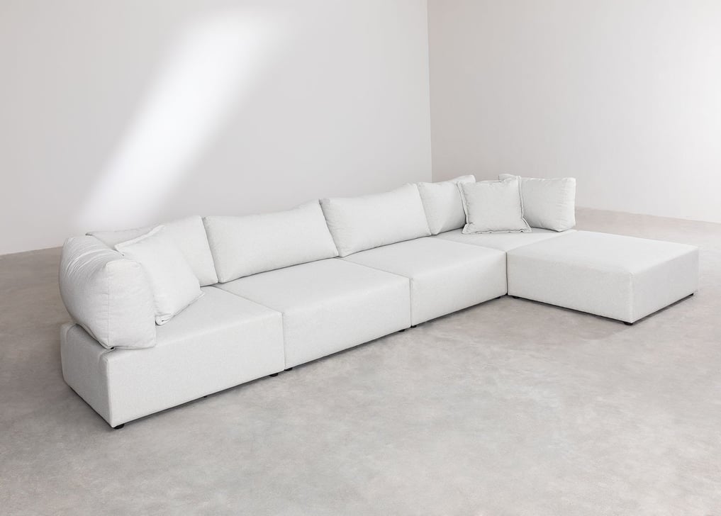 Sofá Modular de 4 Piezas con 2 Sillones Esquineros y Puff Kata Beige Crema -  SKLUM