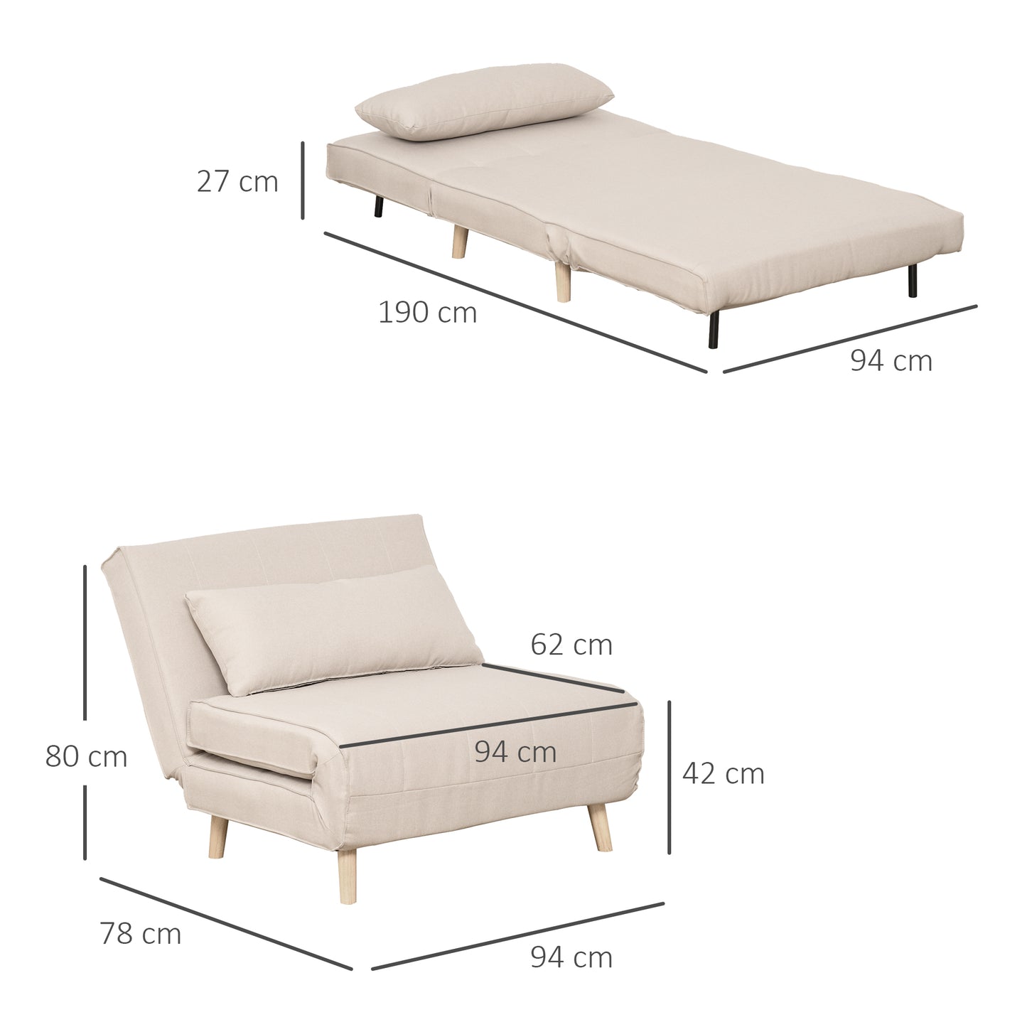 HOMCOM Sofá Cama Convertible Sillón Cama con Respaldo Ajustable en 6 Posiciones Almohada Acolchada Carga 350 kg para Oficina Dormitorio Salón 94x78x80 cm Beige