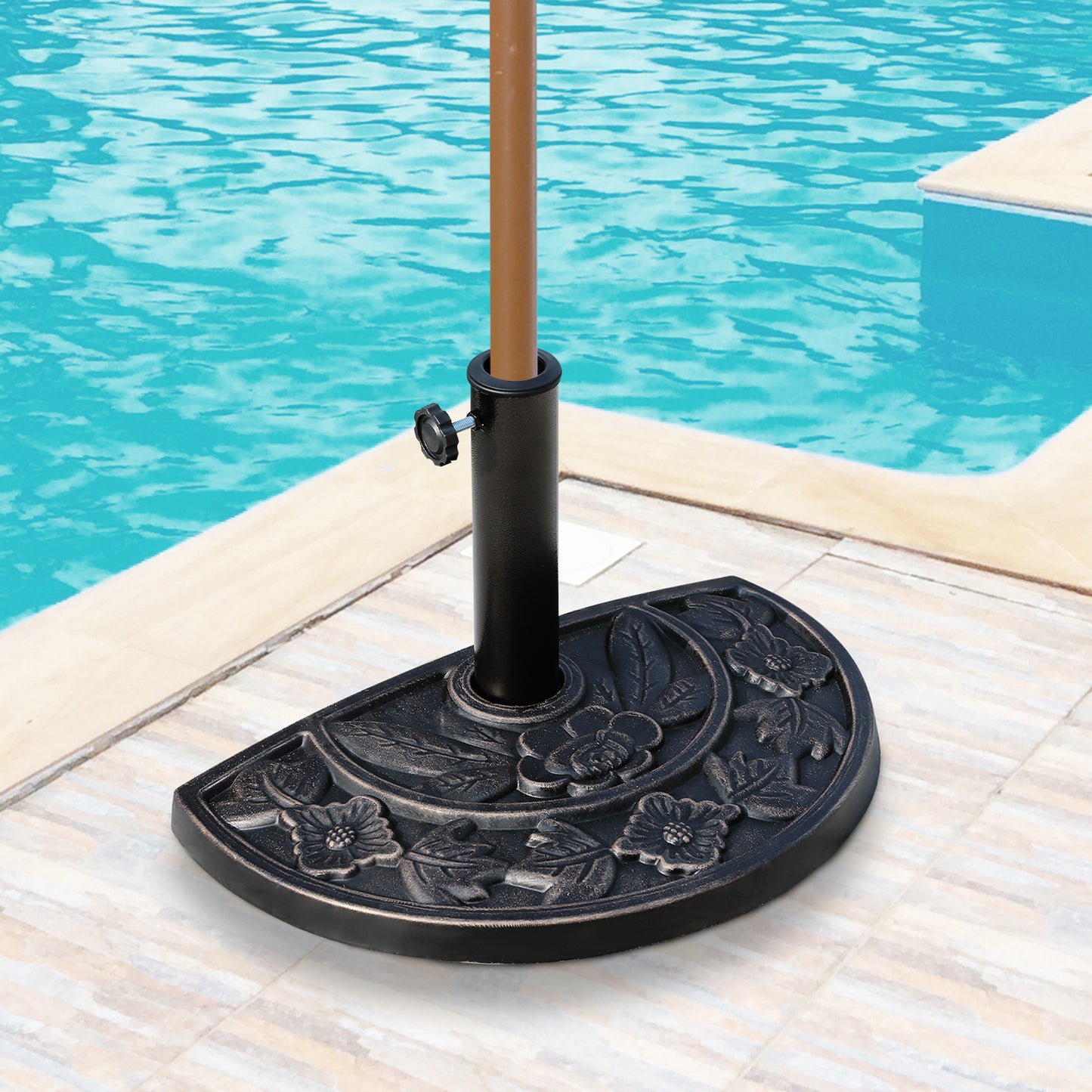 Outsunny Base de Sombrilla Semicírculo Peso 9 kg Soporte para Parasol de Resina para Poste de Paraguas de Ø3,8 cm y Ø4,8 cm para Terraza Patio Jardín Playa 50x31x32 cm Bronce