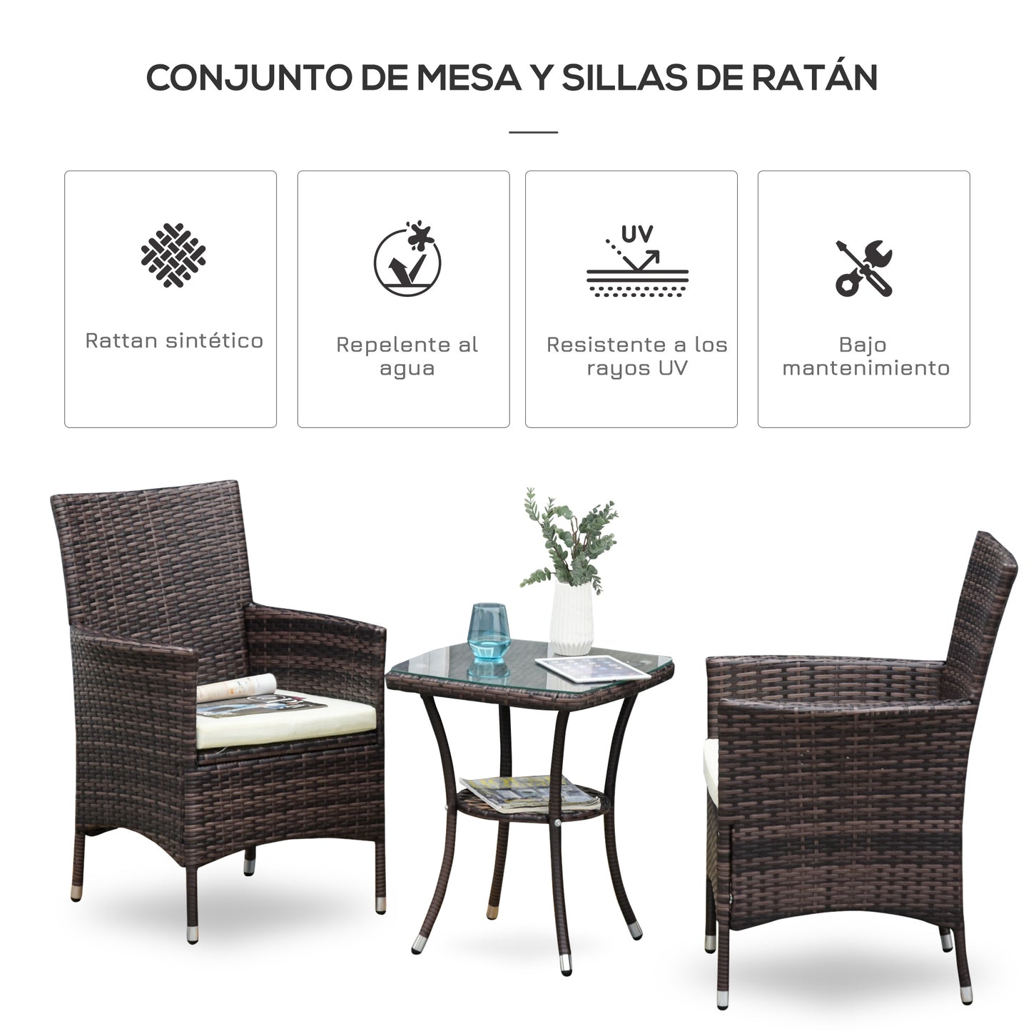 Outsunny Conjunto de Muebles para Jardín Juegos de Muebles de Ratán Incluye 1 Mesa y 2 Sillones con Cojines Estructura de Metal para Terraza Patio Marrón