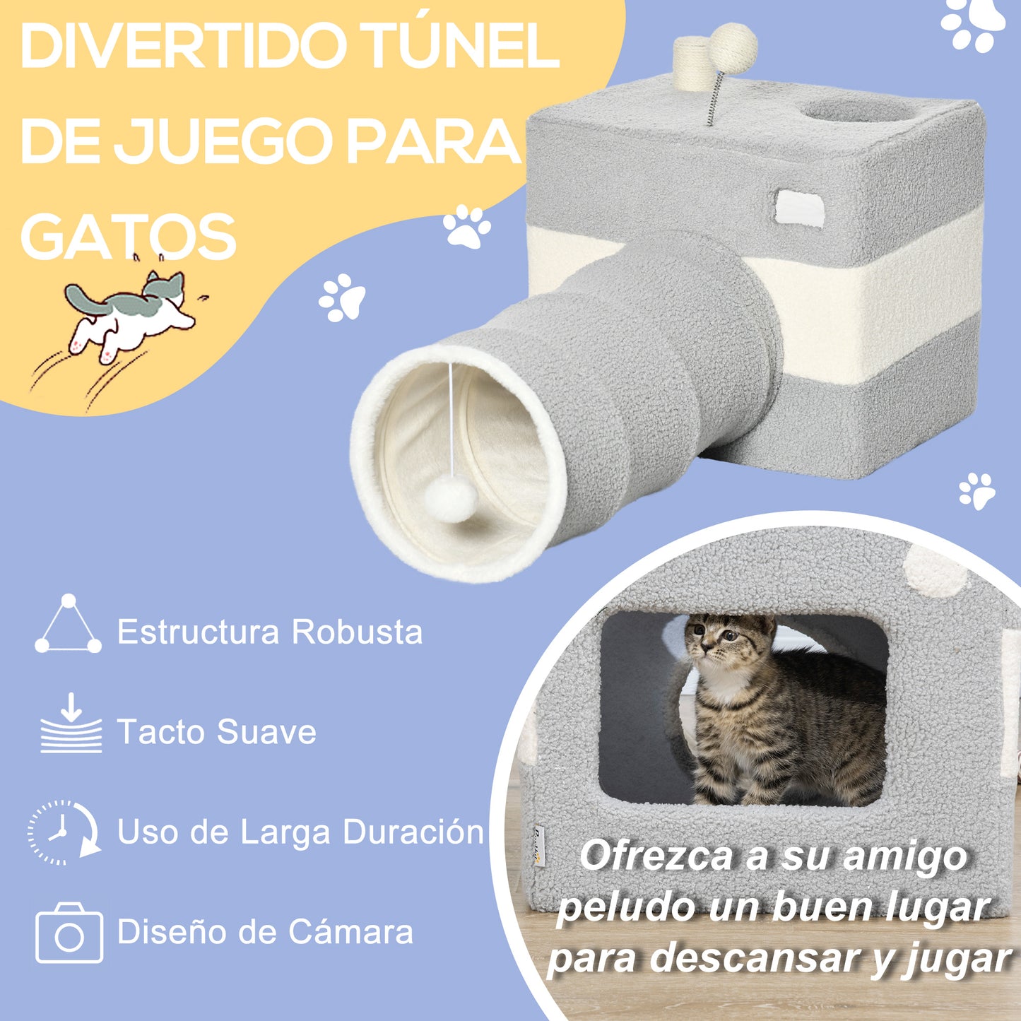 PawHut Túnel para Gatos con Cueva Tubo de Juguete para Mascotas con Orificio Superior Puerta Delantera Poste de Sisal y Bola Colgante 48x95x58 cm Gris