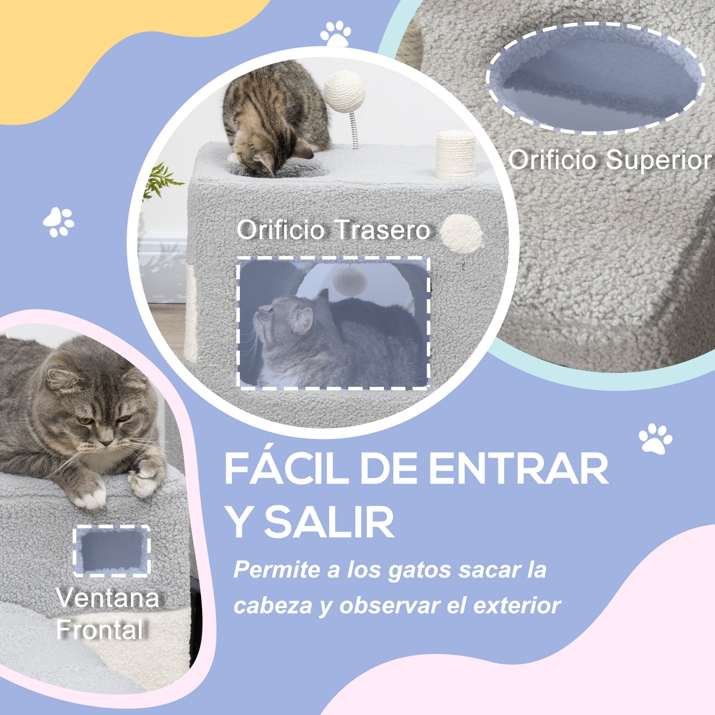 PawHut Túnel para Gatos con Cueva Tubo de Juguete para Mascotas con Orificio Superior Puerta Delantera Poste de Sisal y Bola Colgante 48x95x58 cm Gris