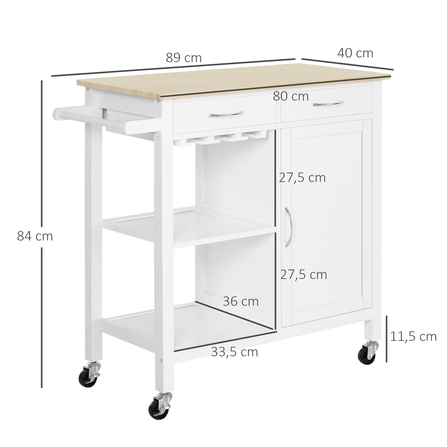 HOMCOM Carro de Cocina Carrito de Servir Multiusos Estantería Carrito Auxiliar con Ruedas para Baño Dormitorio con Estante Cajón Armario 89x40x84cm