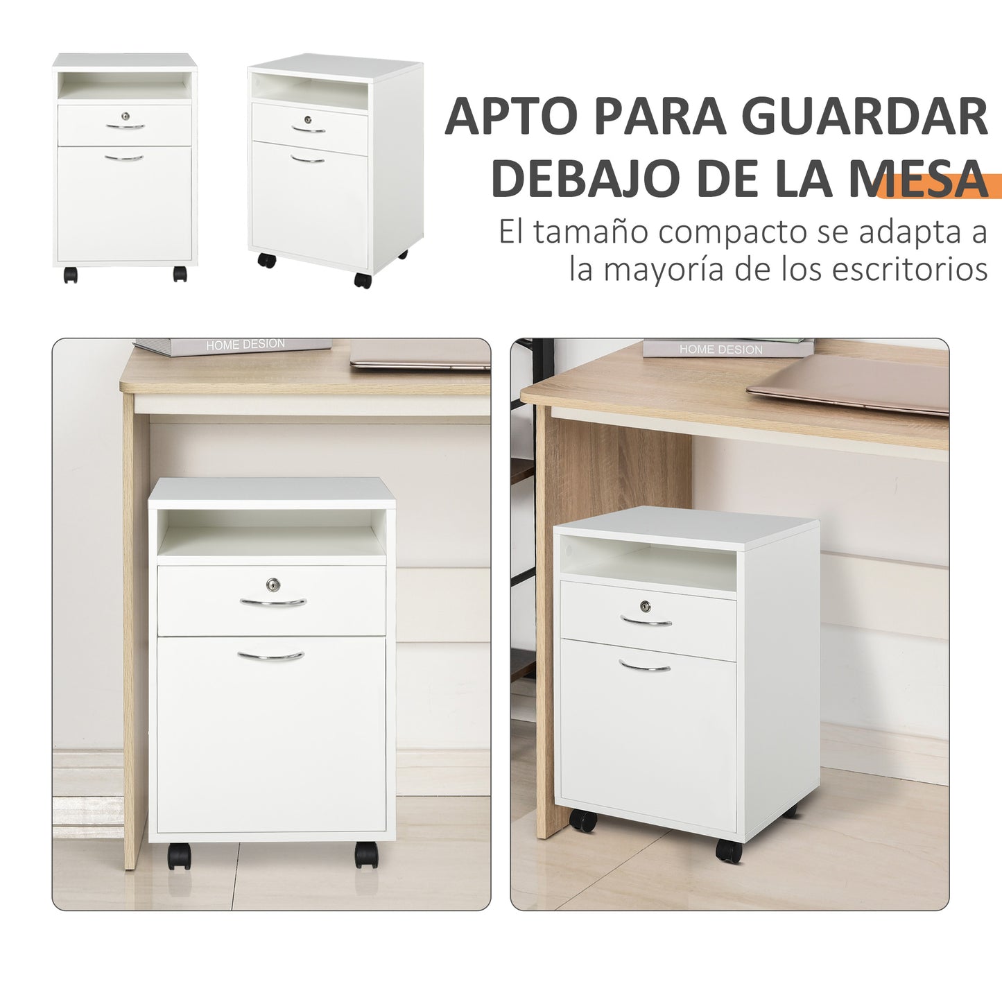 HOMCOM Cajonera de Oficina Móvil con Cajón y Gabinete Mueble Archivador con Ruedas Soporte de Impresora para Estudio 40x35x60 cm Blanco