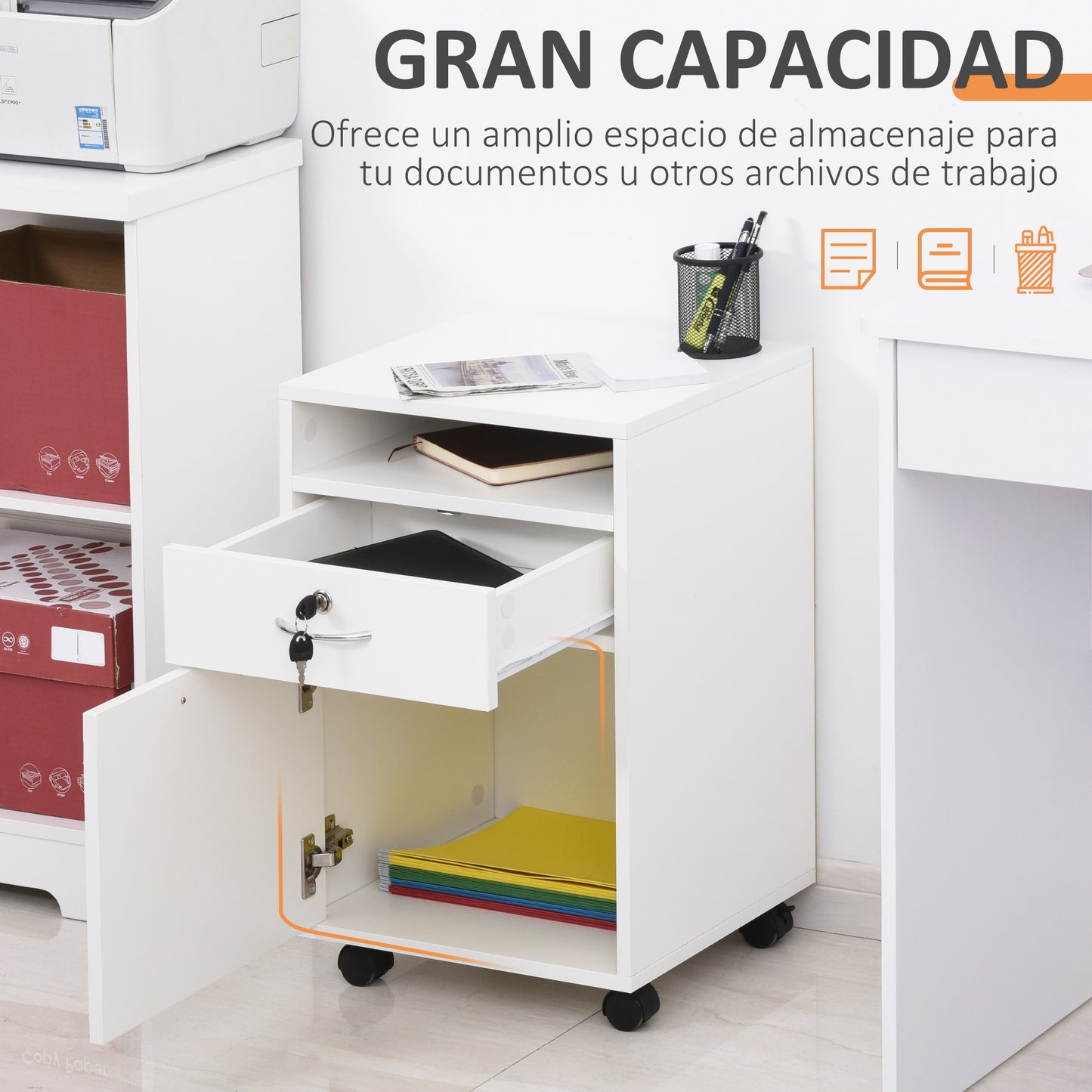 HOMCOM Cajonera de Oficina Móvil con Cajón y Gabinete Mueble Archivador con Ruedas Soporte de Impresora para Estudio 40x35x60 cm Blanco